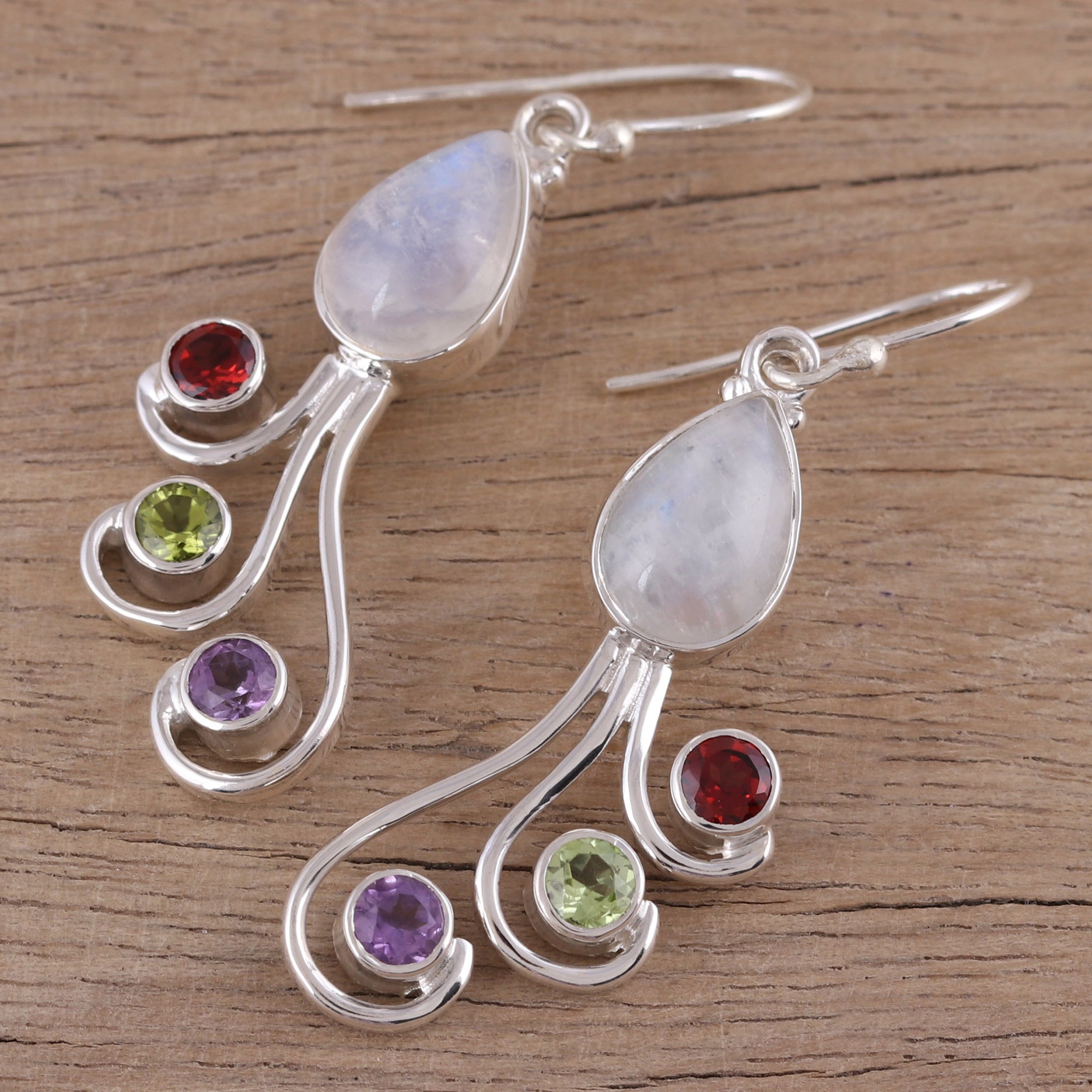 Premium Multi-Gemstone Silver Dangle Earrings - Handcrafted in India