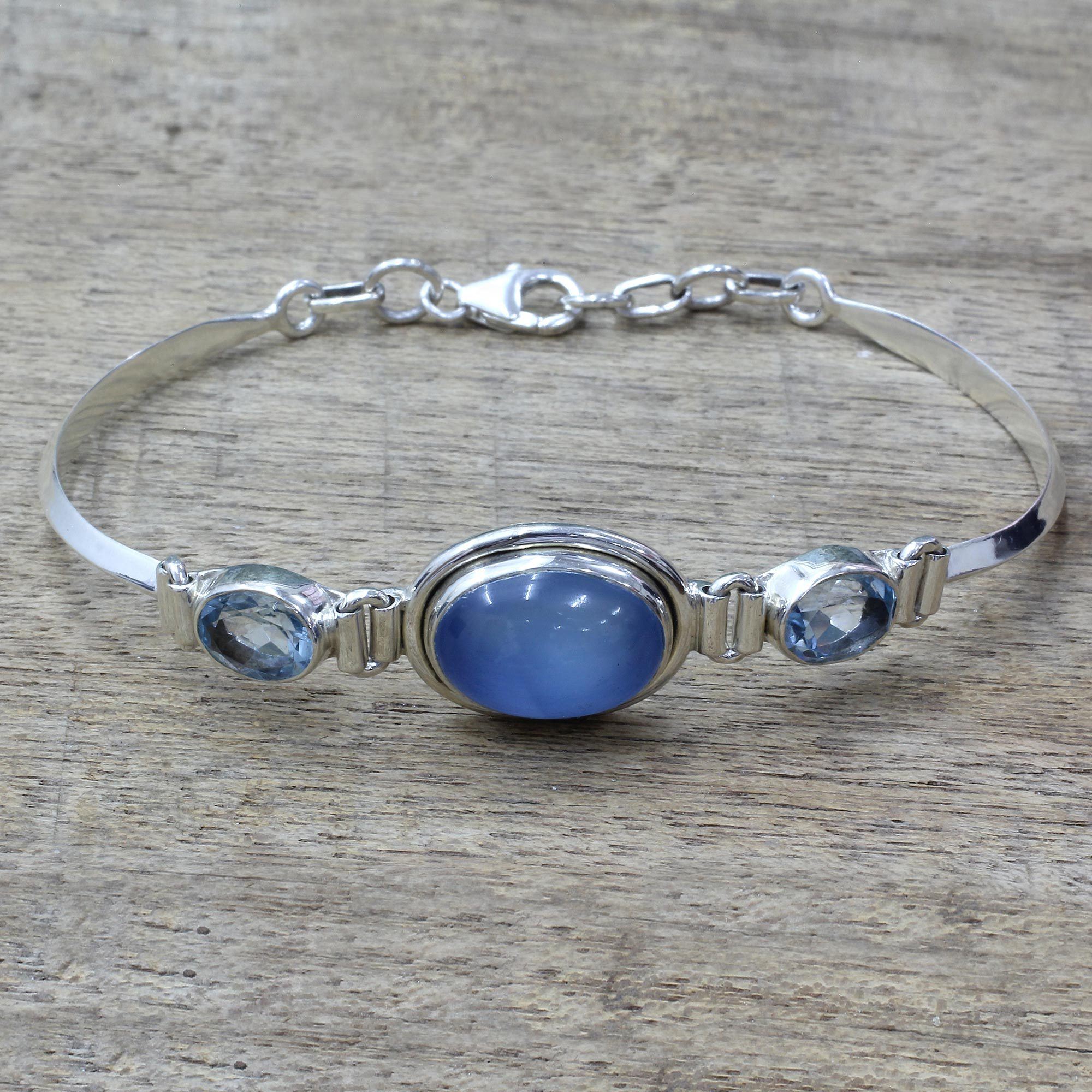 Premium Shining Blue Chalcedony & Topaz Bracelet - Handmade Elegance