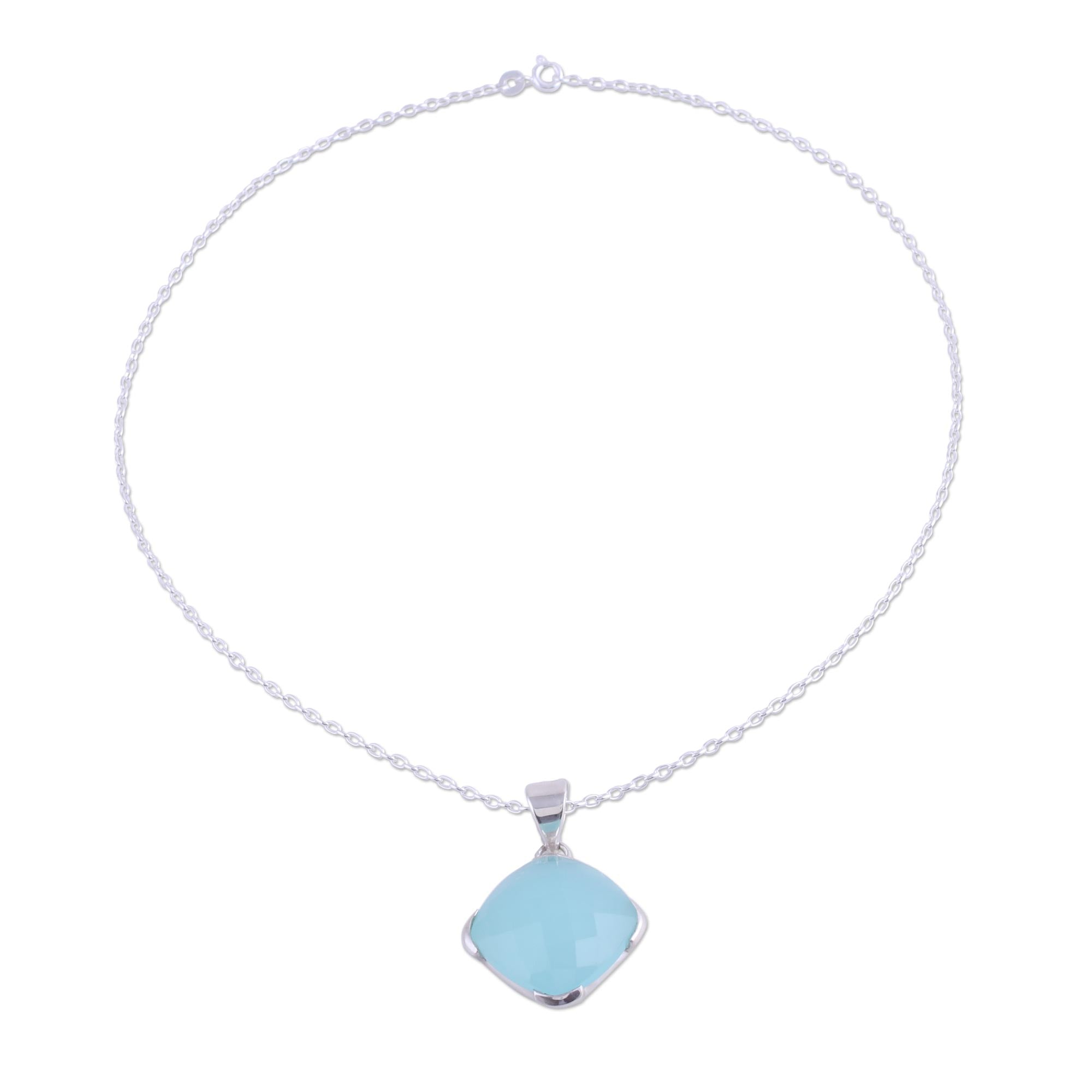 Premium Aqua Blue Chalcedony Pendant Necklace - Handcrafted Sterling Silver Jewelry