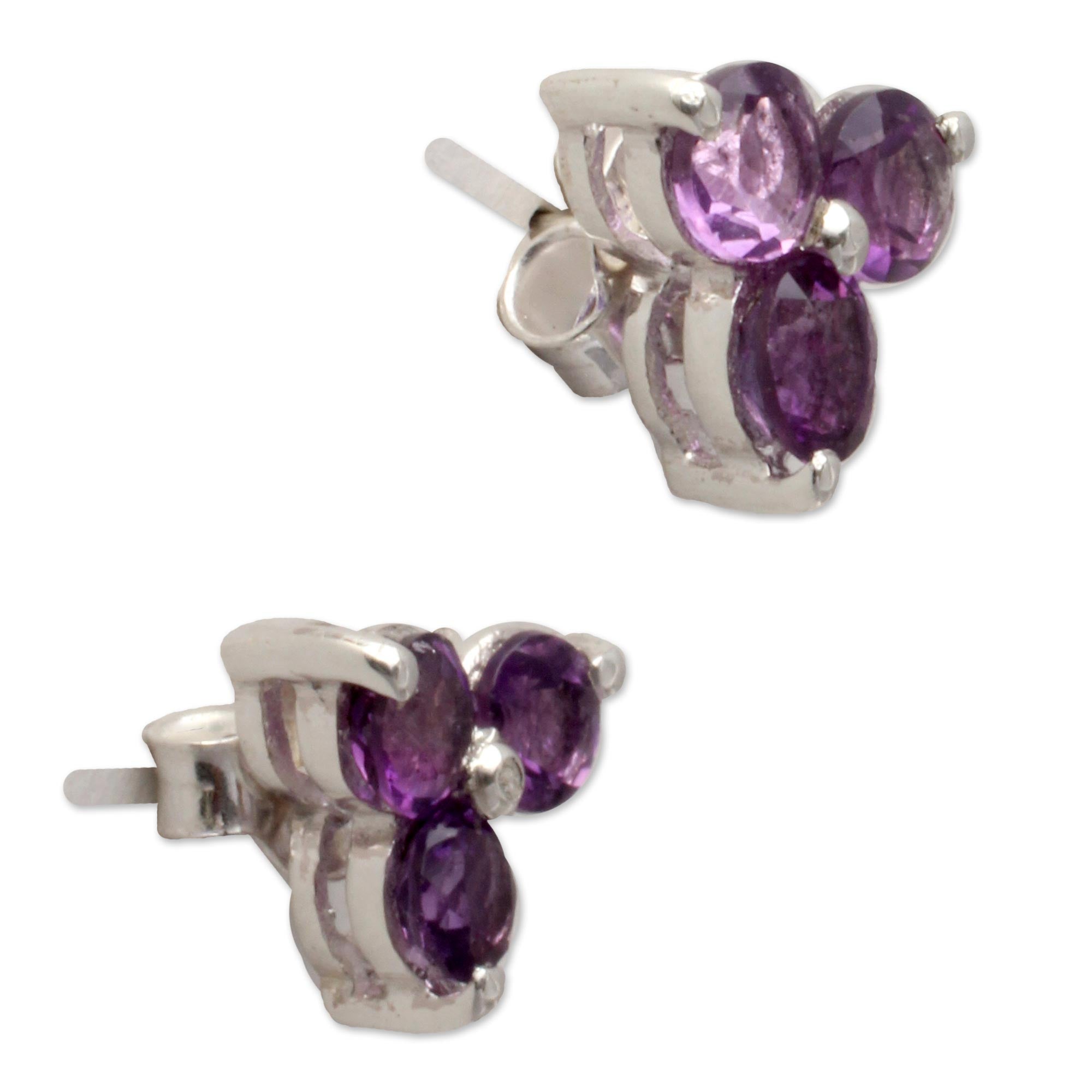 Premium Amethyst Trio Silver Button Earrings - Handcrafted Elegance