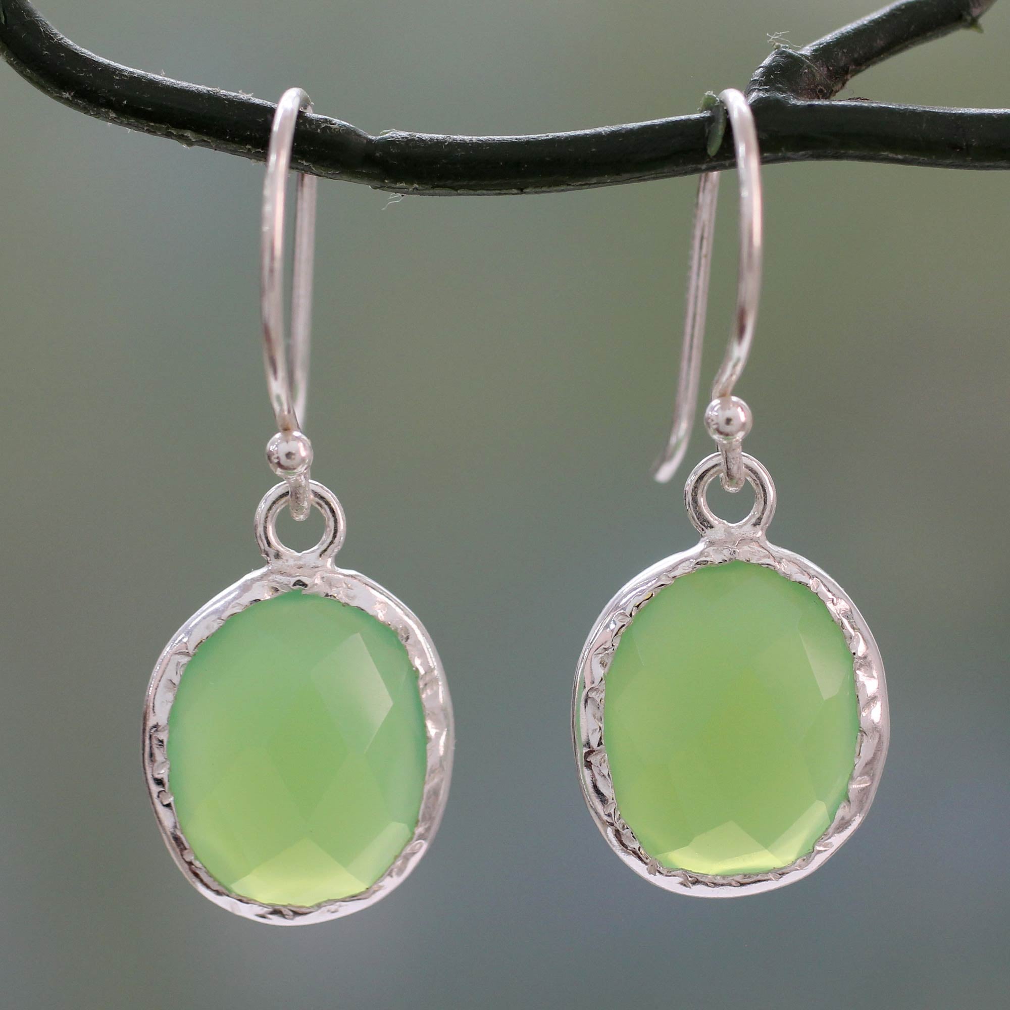 Premium Leafy Elegance Handcrafted Green Onyx Sterling Silver Earrings