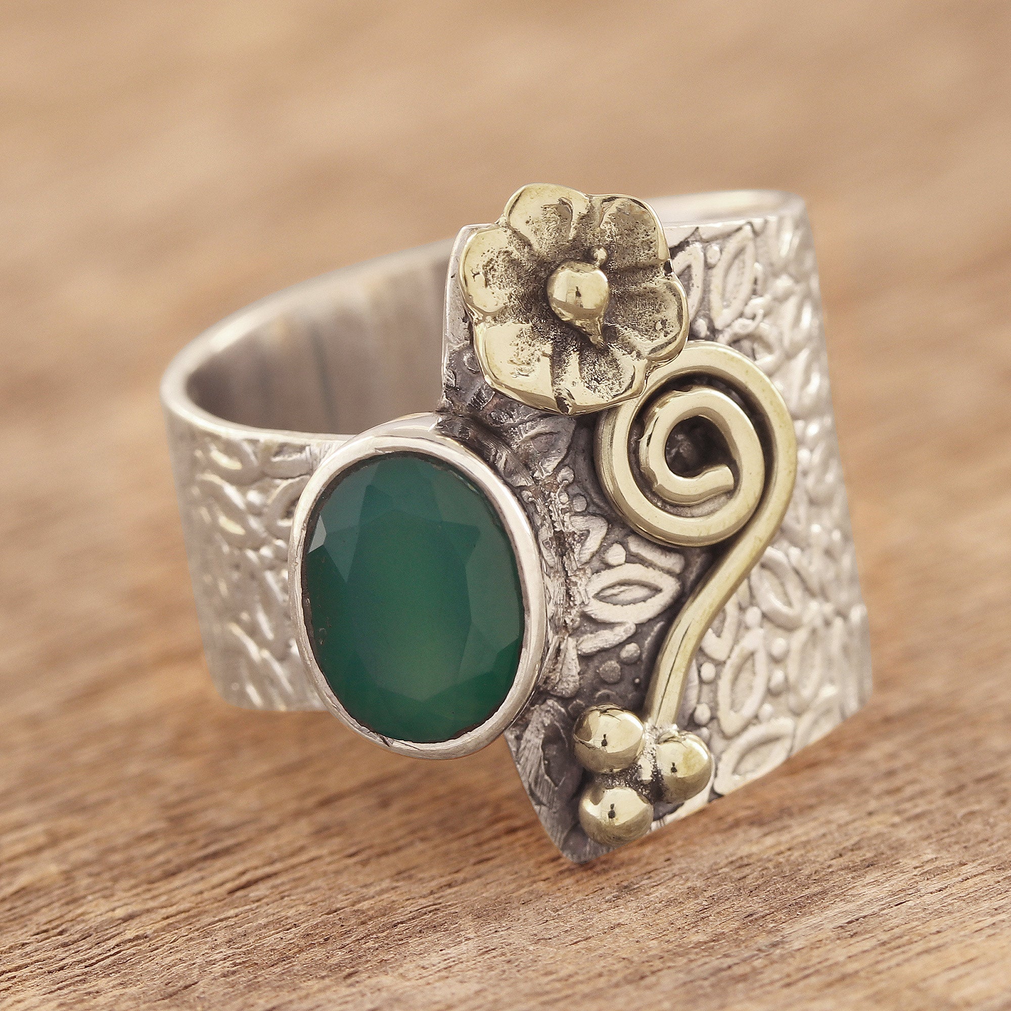 Premium Floral Green Onyx Cocktail Ring - Handcrafted in India