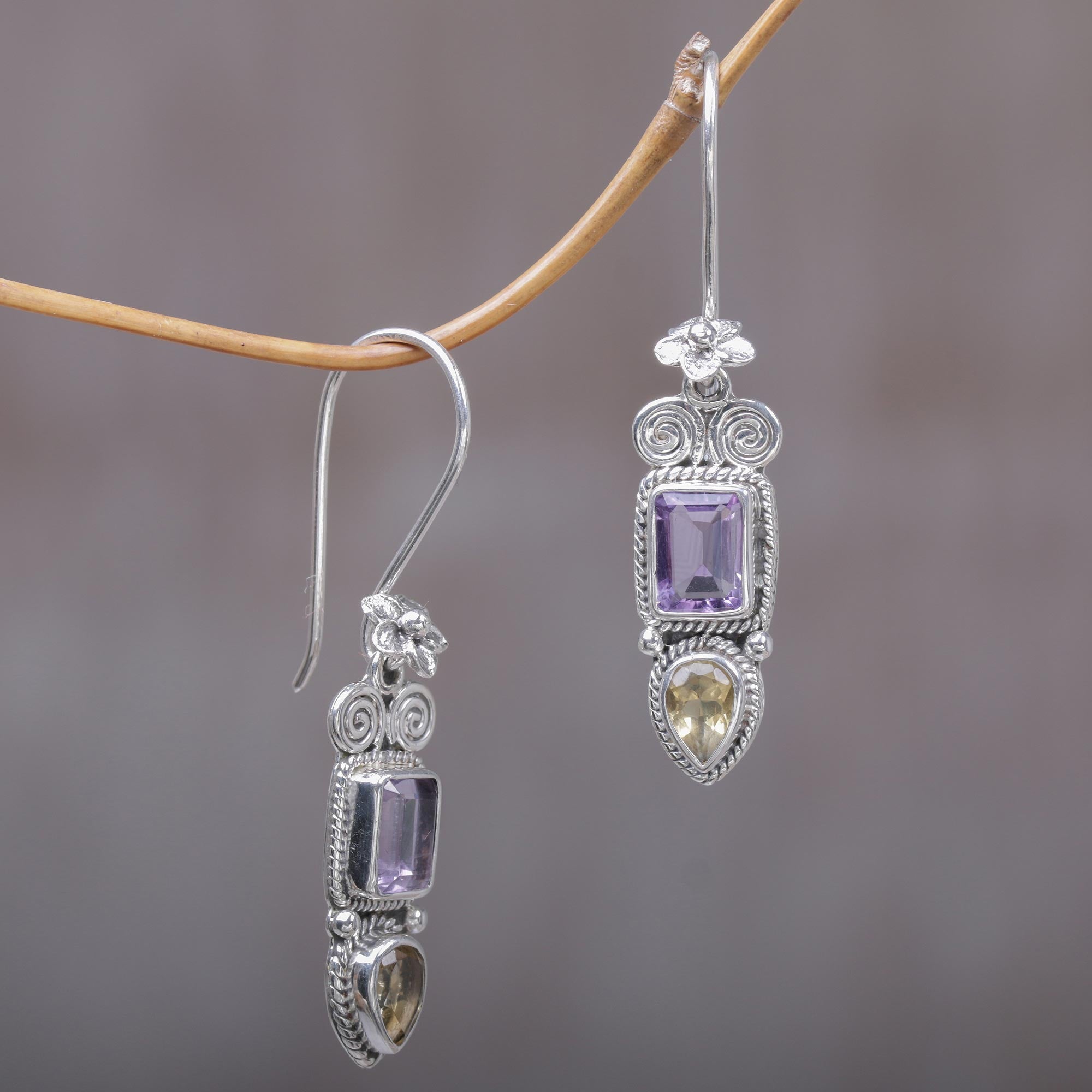 Premium Handmade Sterling Silver Dangle Earrings with Amethyst & Citrine