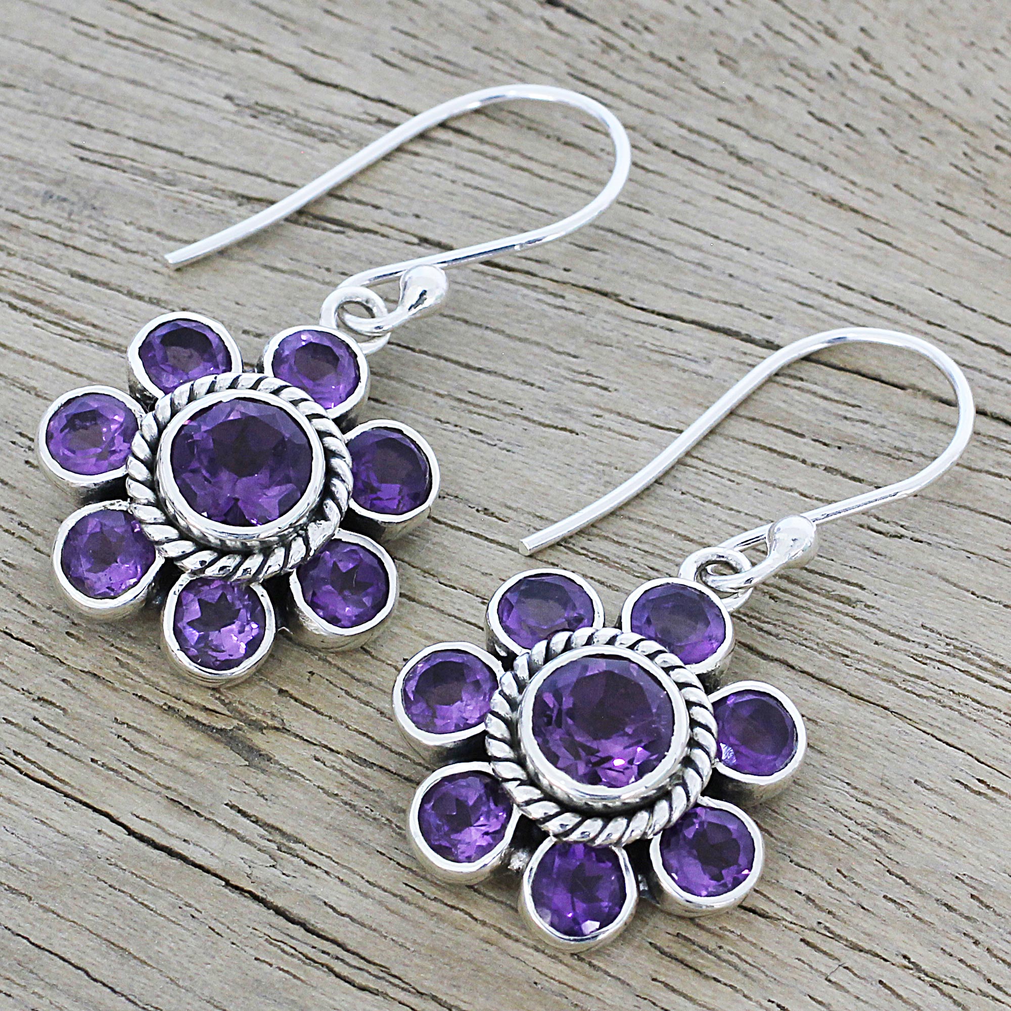 Premium Morning Glitter Amethyst Dangle Earrings - Handcrafted Sterling Silver Jewelry from India