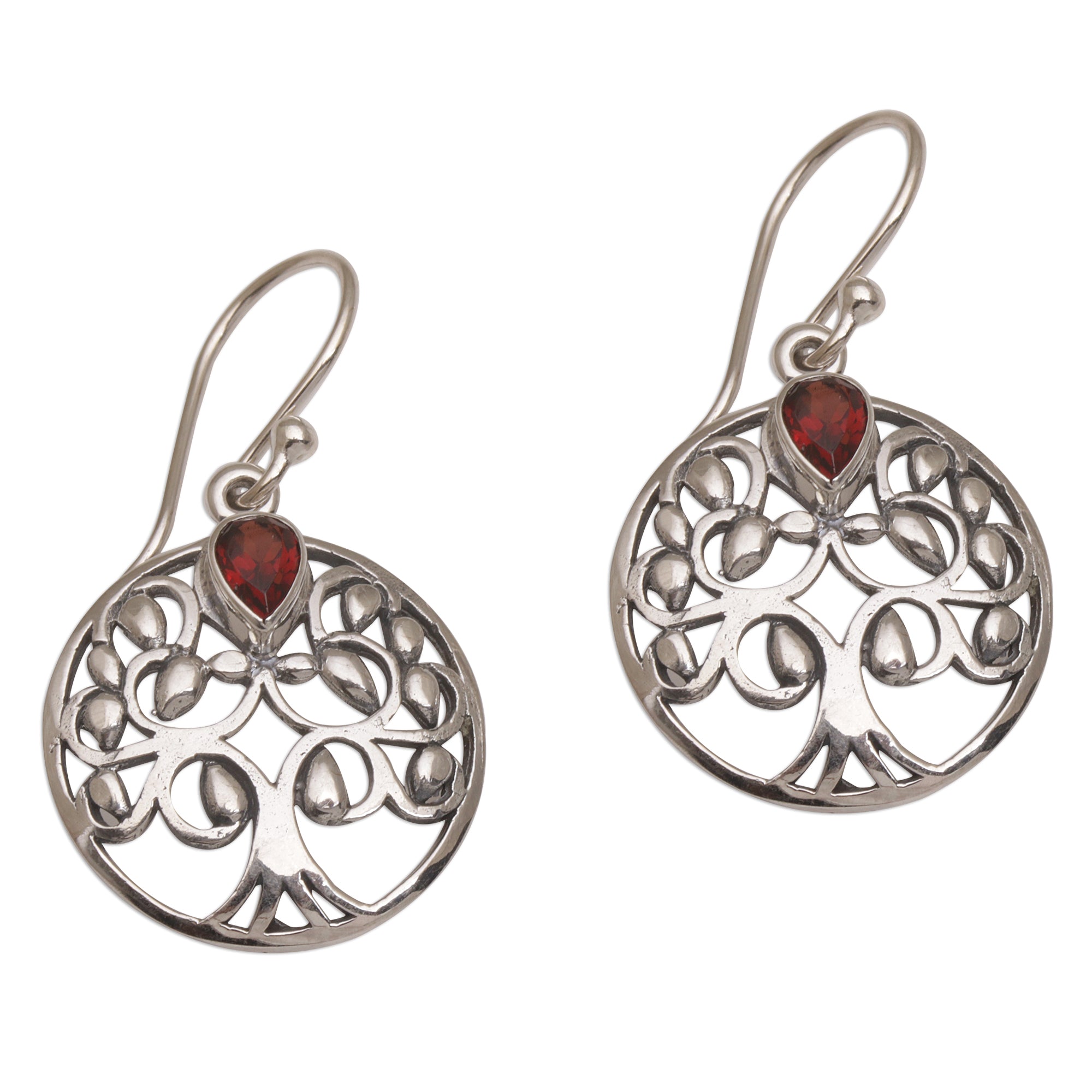 Premium Balinese Garnet & Sterling Silver Tree Dangle Earrings - Handcrafted Elegance