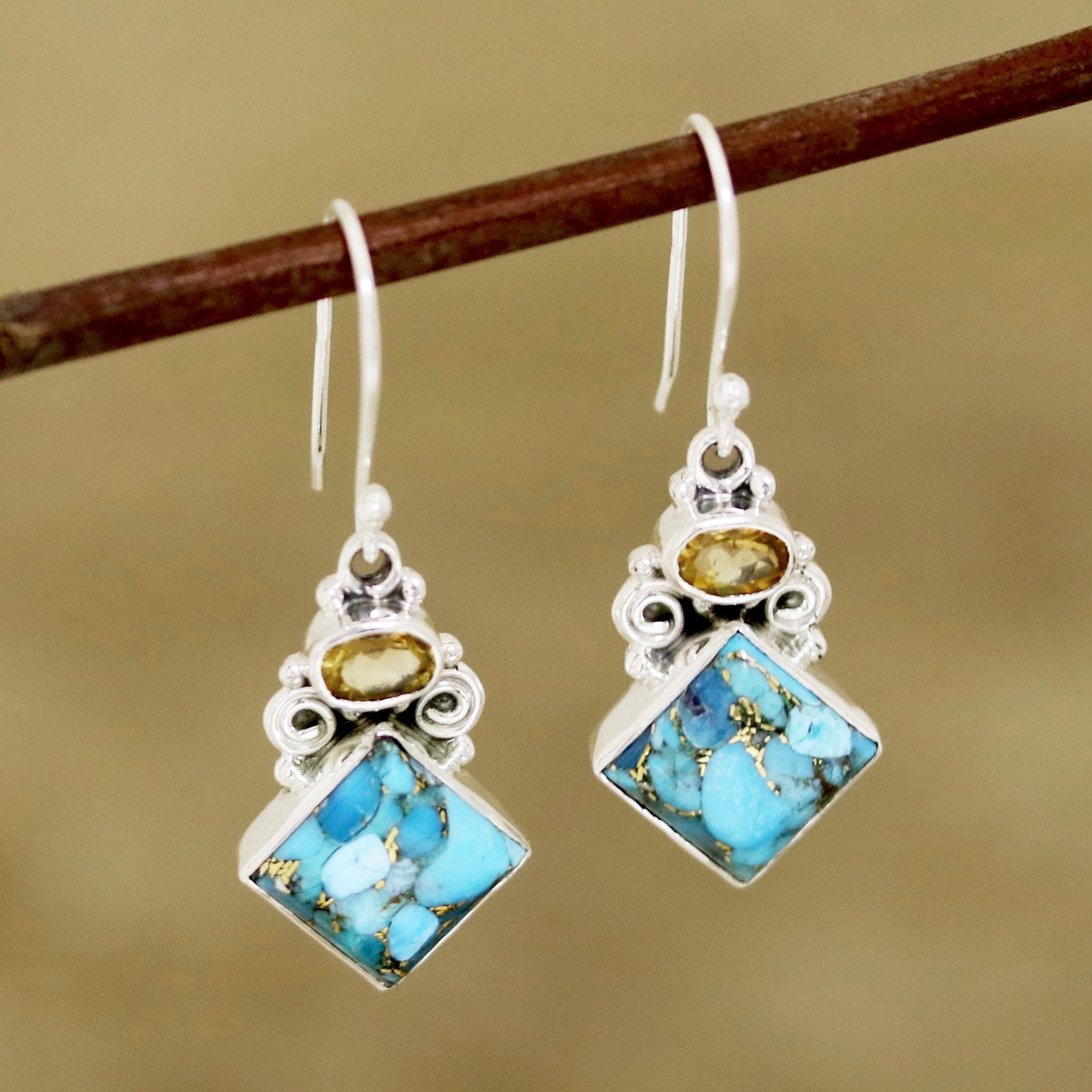 Premium Sky Fragments Citrine & Turquoise Dangle Earrings - Handcrafted in India