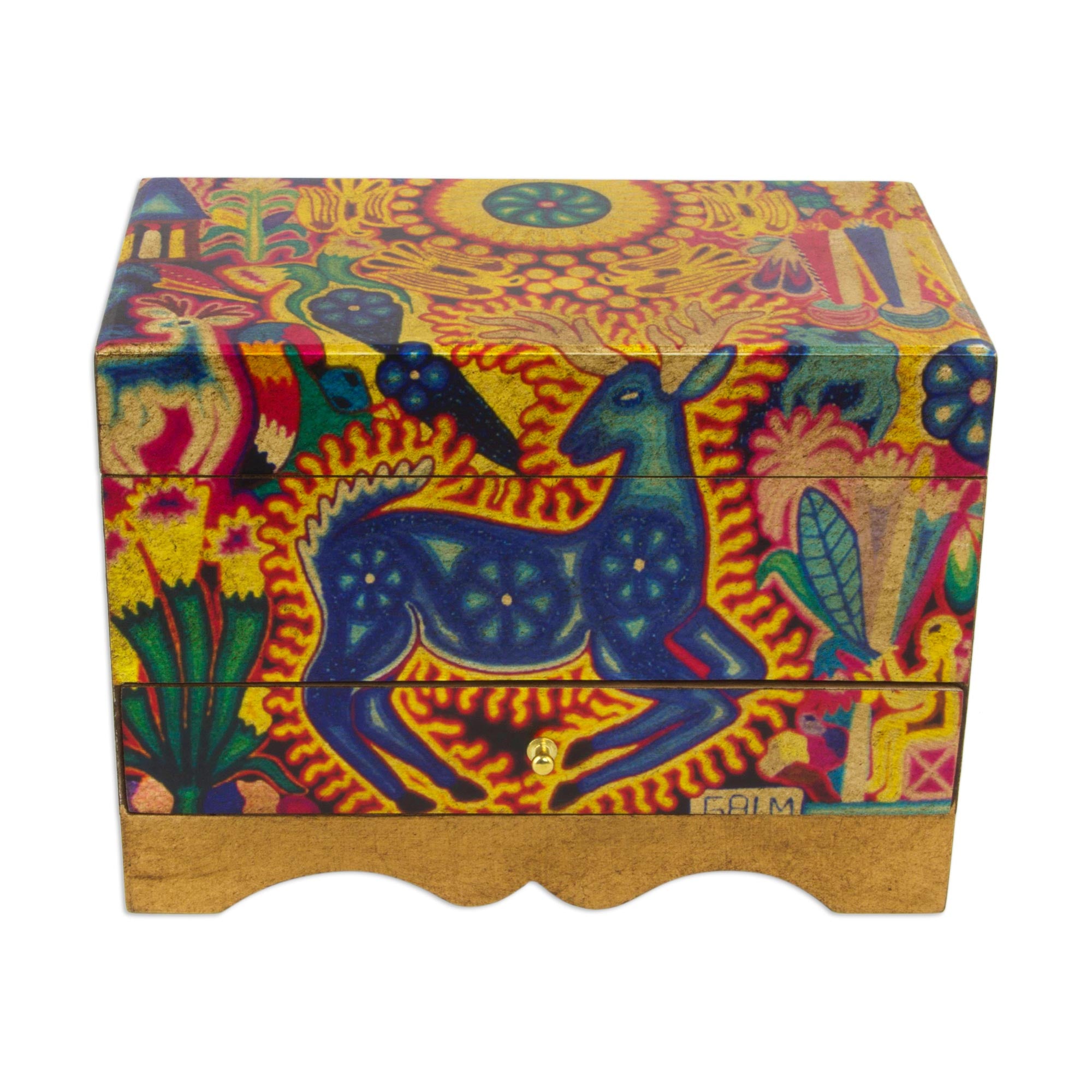 Premium Kawuyumaire Huichol Deer Decoupage Jewelry Box - Handcrafted Pinewood Treasure Chest