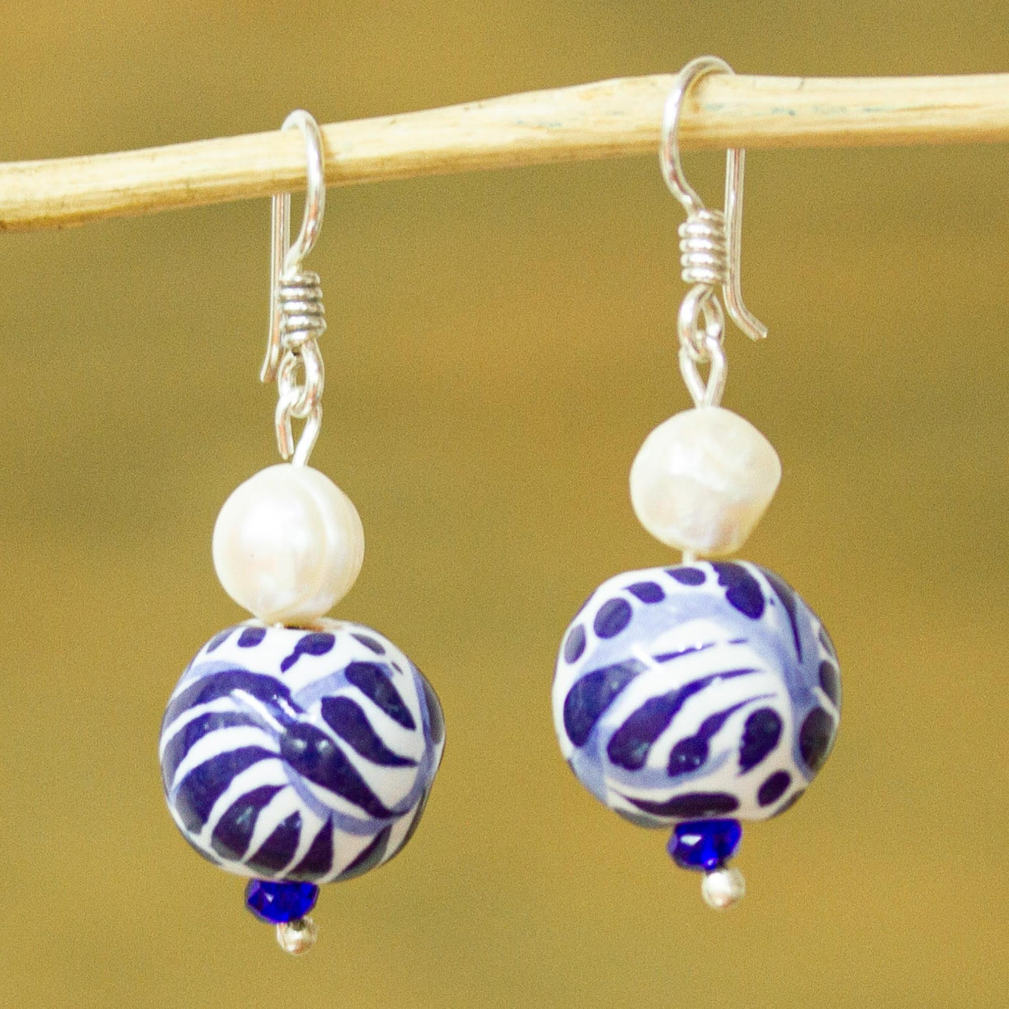 Premium Indigo Bloom Pearl & Ceramic Dangle Earrings – Handcrafted Mexican Artistry