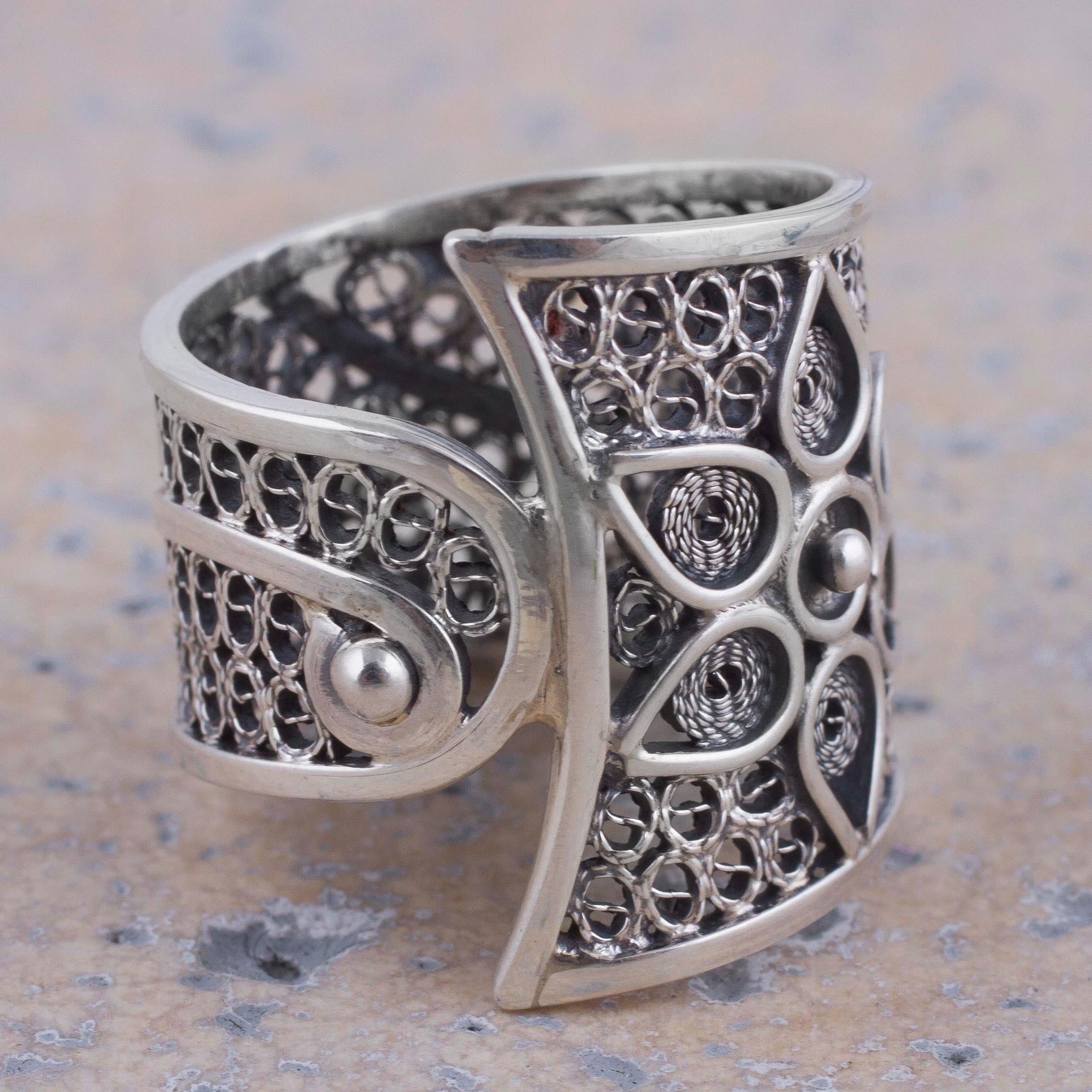 Premium Sterling Silver Floral Filigree Band Ring - Handcrafted in Peru