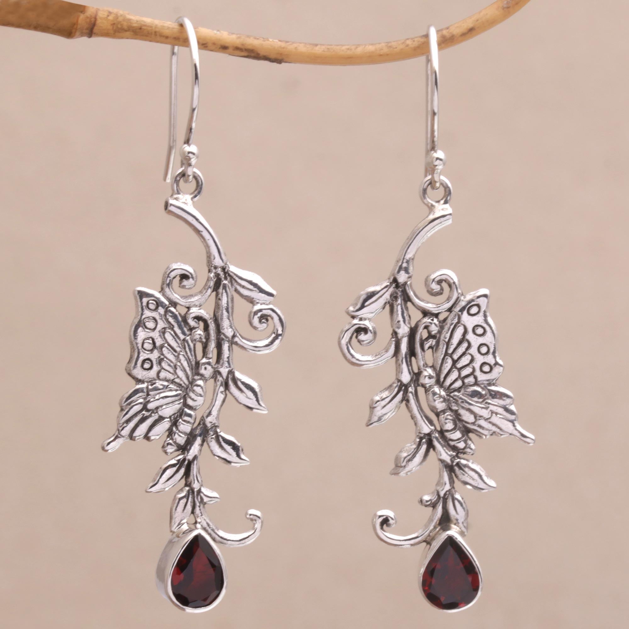 Premium Butterfly Garnet Sterling Silver Dangle Earrings - Elegant & Sparkling