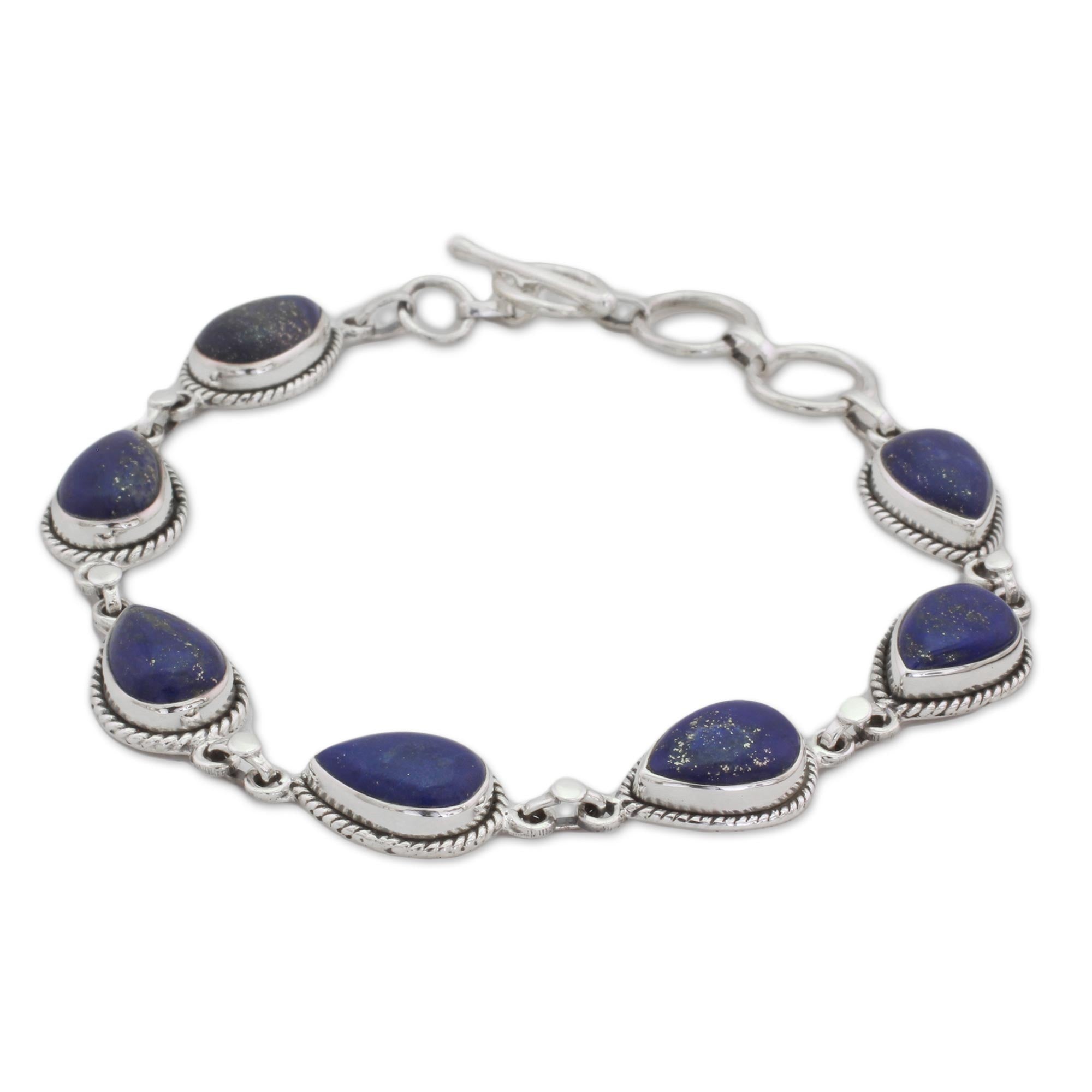 Premium Lapis Lazuli & Silver Link Bracelet - Caressing Rain in Blue
