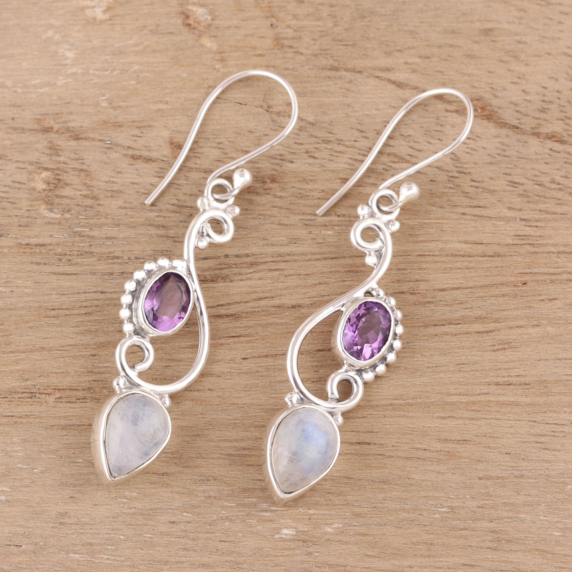 Premium Mystical Swirl Earrings: Rainbow Moonstone & Amethyst