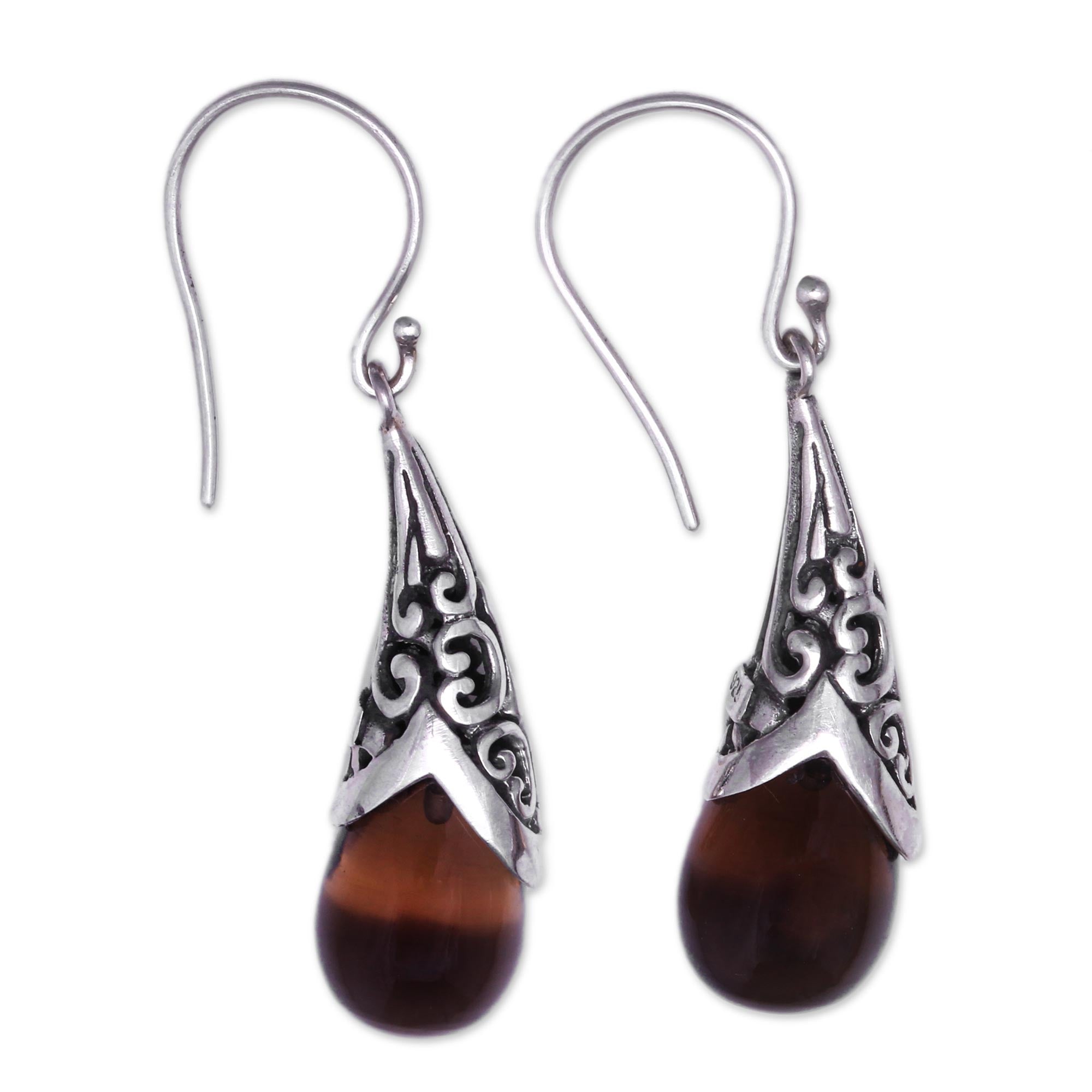 Premium Smoky Quartz Dangle Earrings - Sanur Elegance Weave Pattern, Handcrafted in Bali