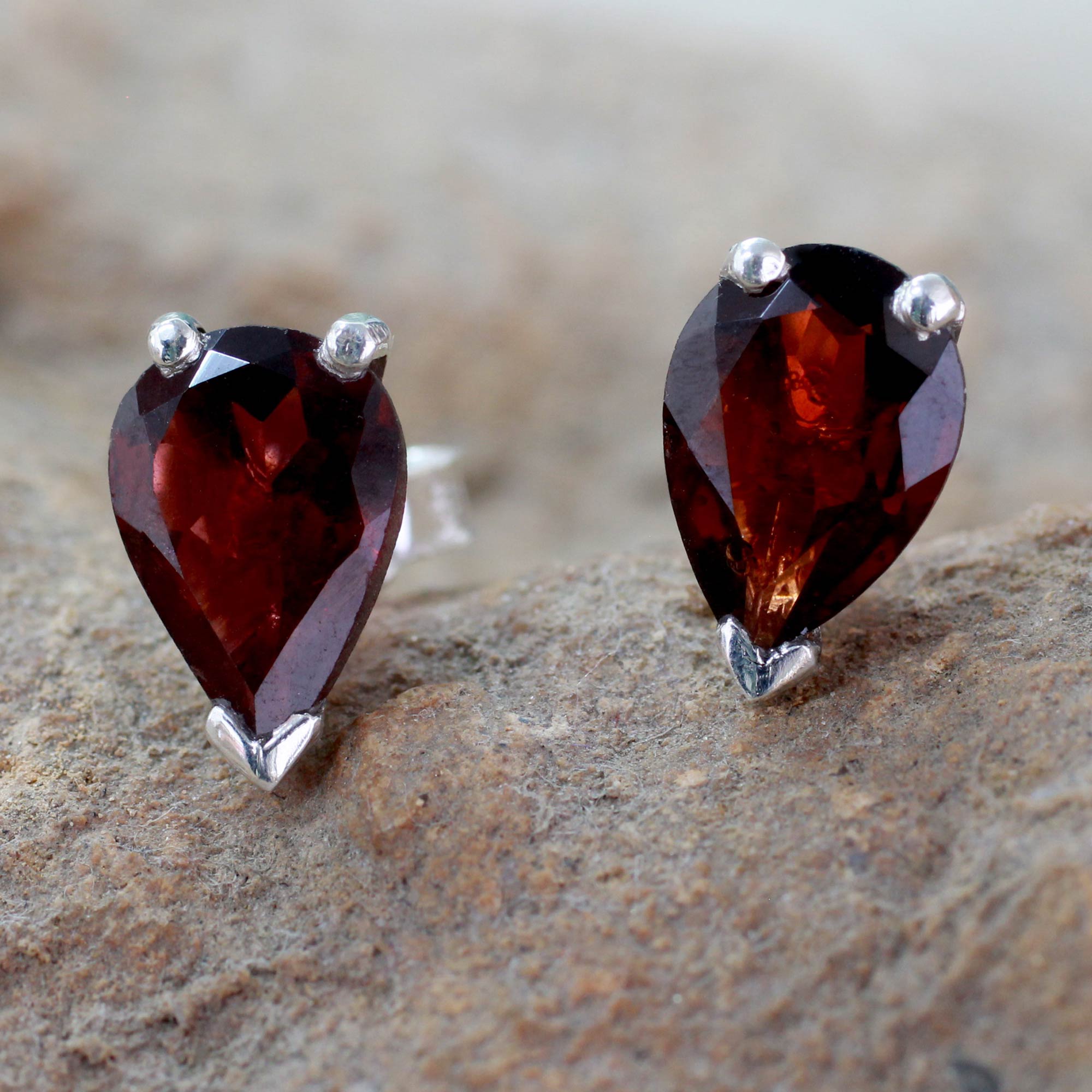 Premium Fair Trade Garnet Stud Earrings - 2.5 cts Sterling Silver