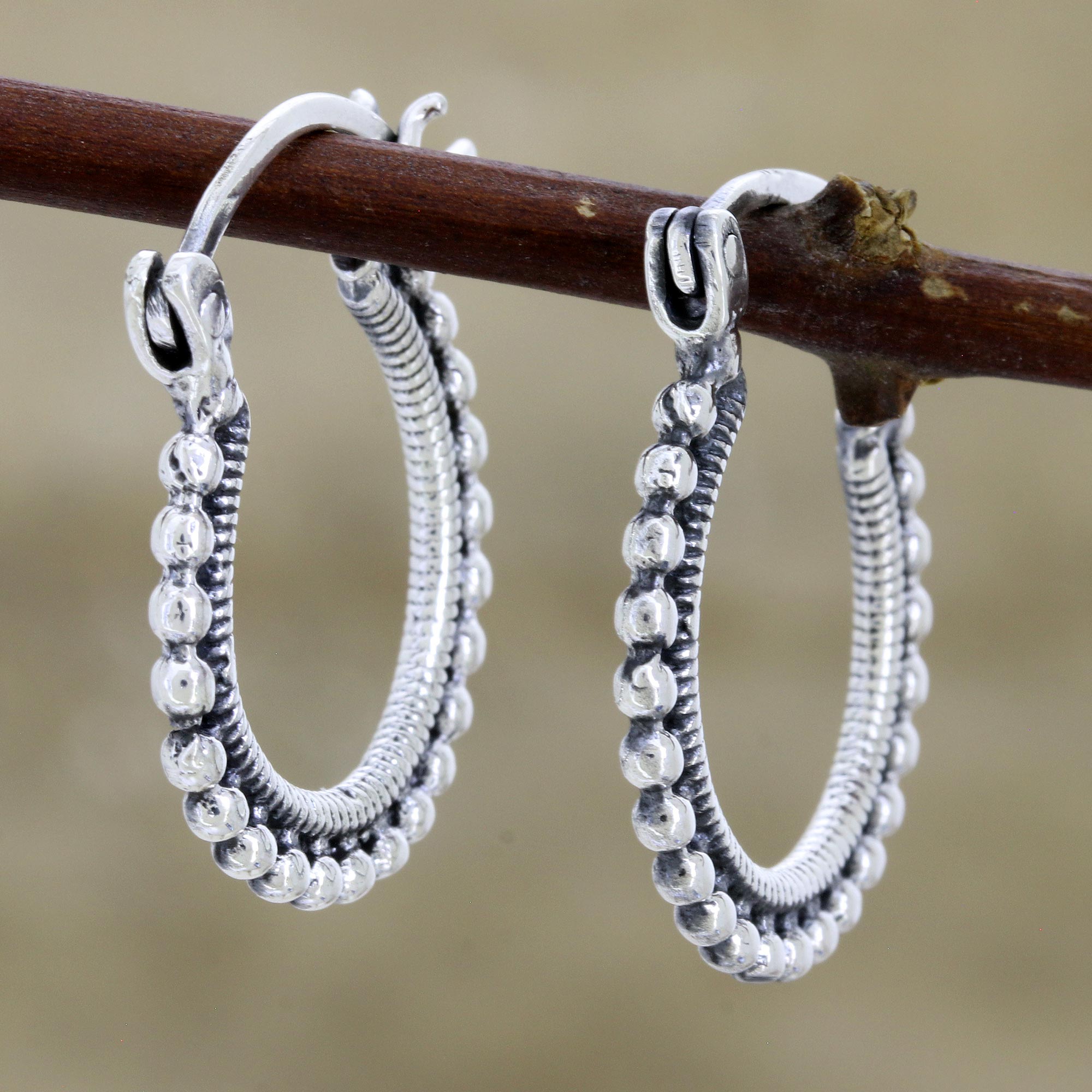 Premium Sterling Silver Beaded Hoops – Handcrafted in India