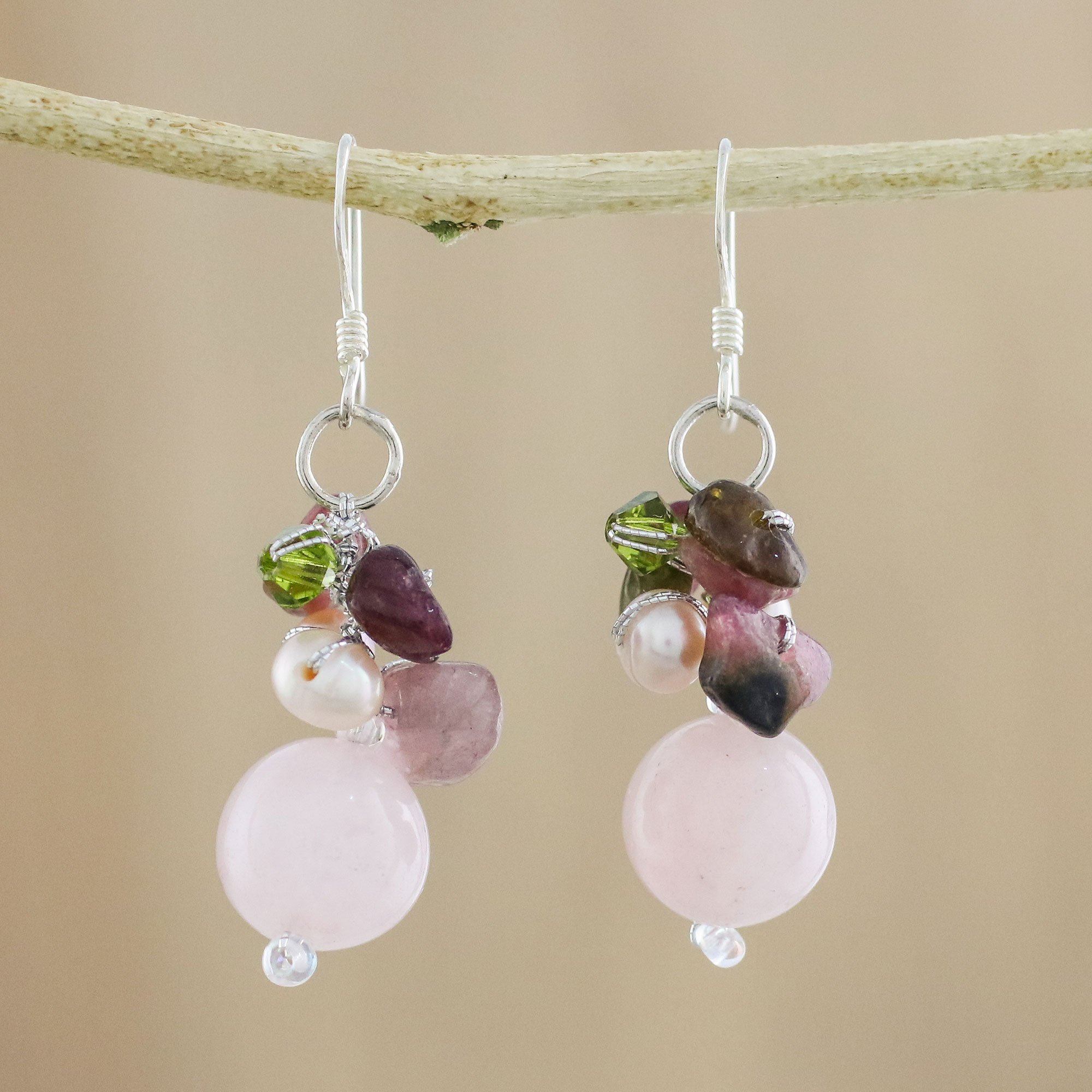 Premium Cultured Pearl & Rose Quartz Sterling Silver Earrings