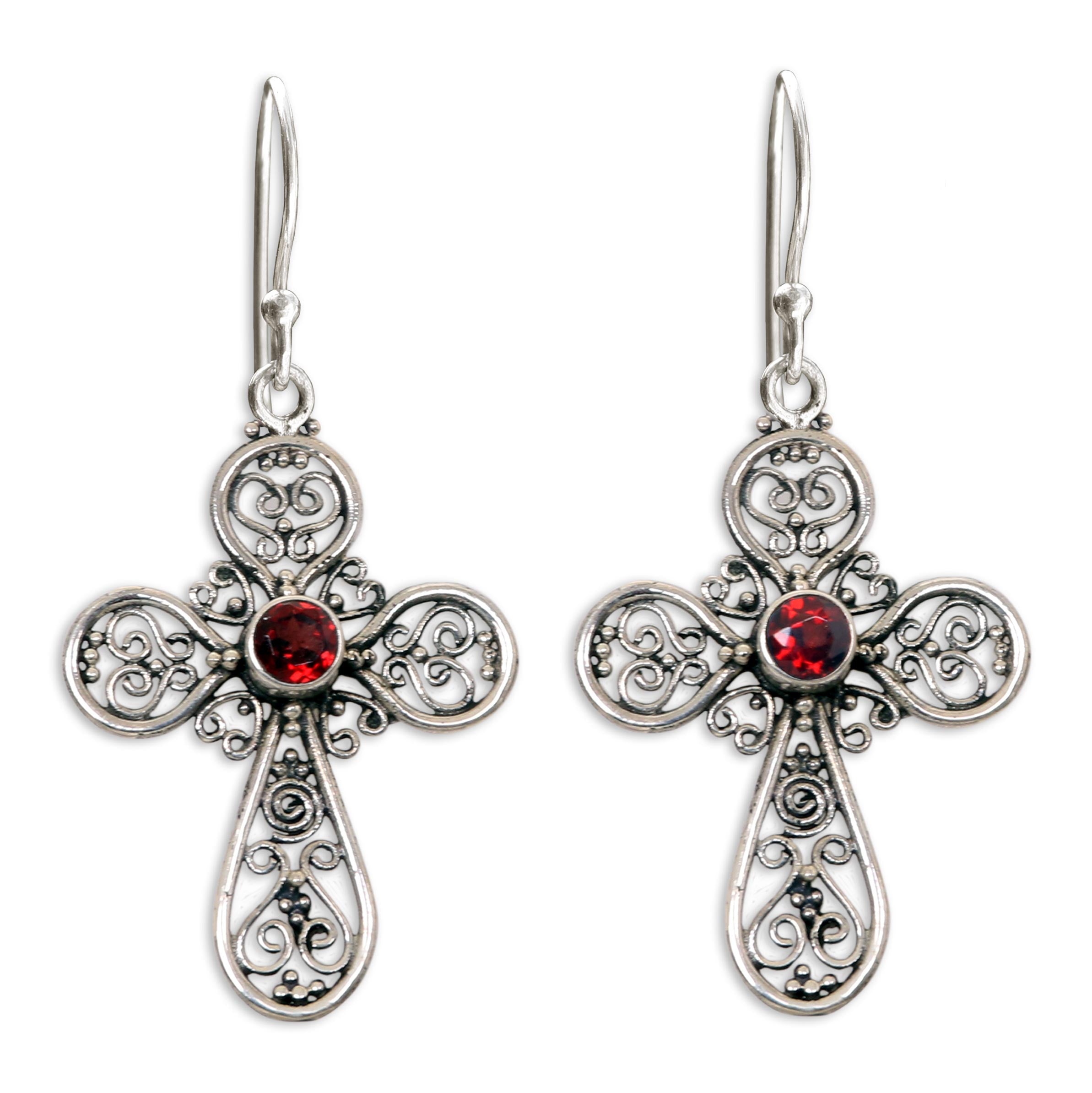 Premium Indonesian Sterling Silver Garnet Cross Earrings - Elegant Hook Design