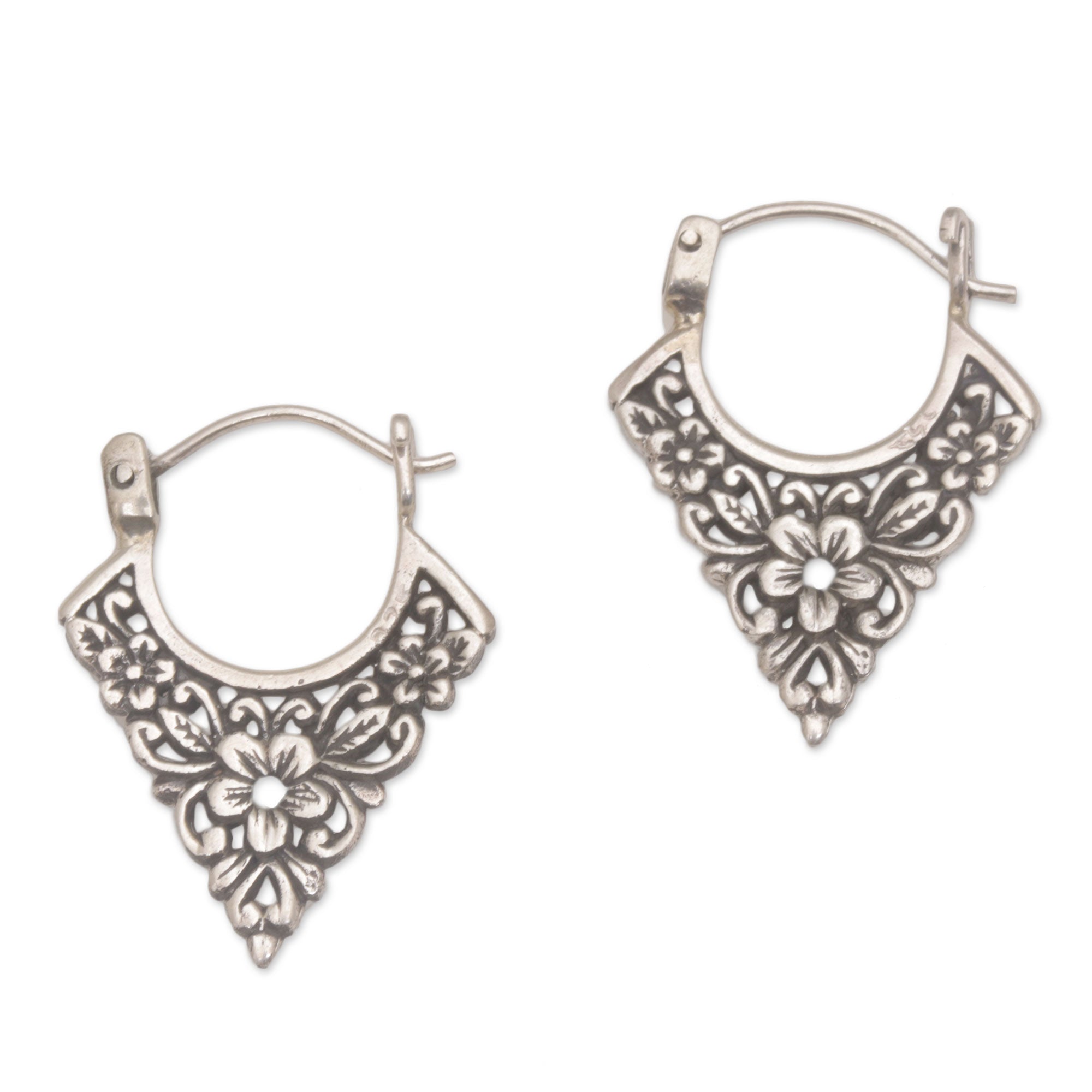 Premium Floral Sterling Silver Hoop Earrings - Handcrafted in Bali