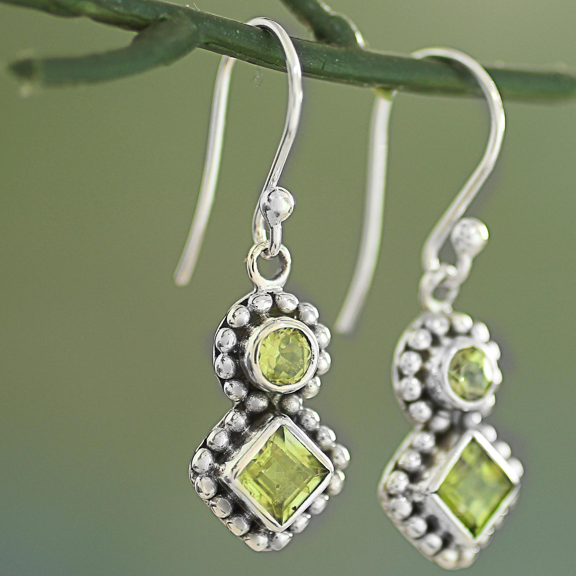 Premium Twin Aura Peridot & Silver Dangle Earrings - Handmade Elegance