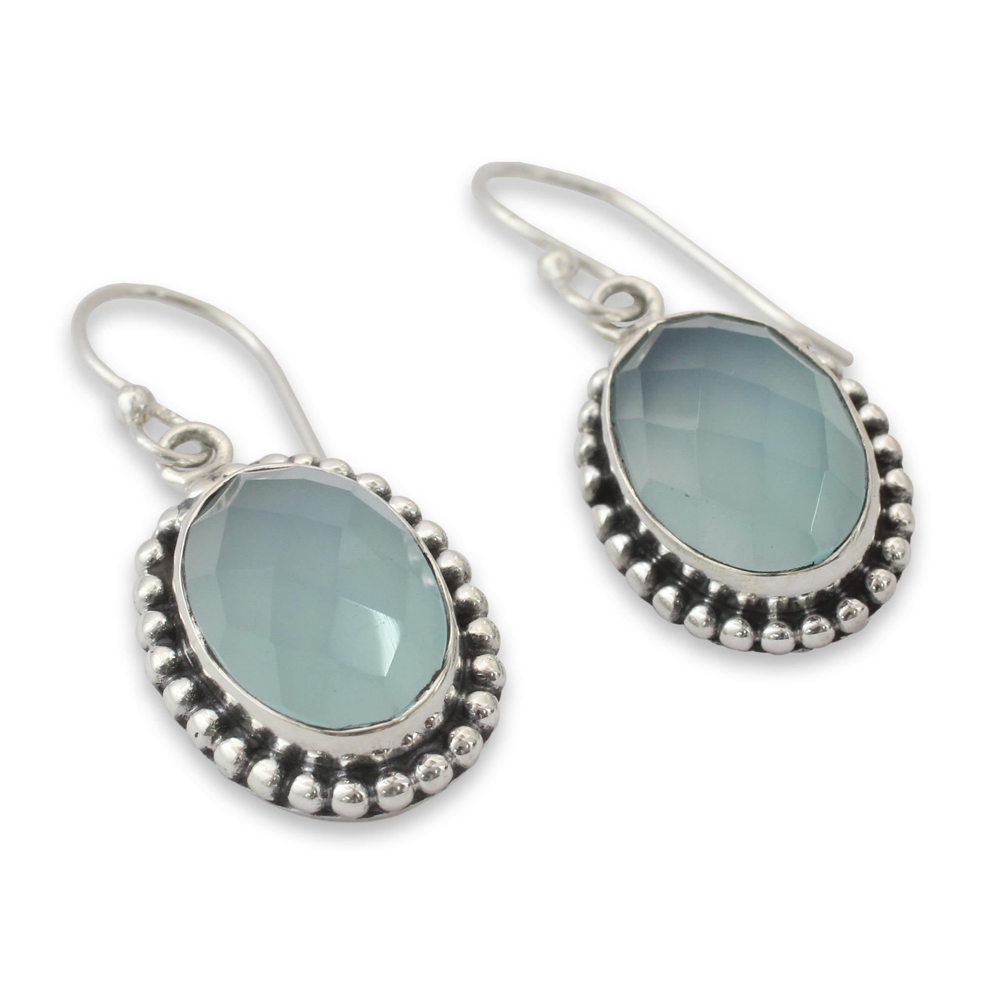 Premium Blue Chalcedony Sterling Silver Earrings - Elegant Hook Design