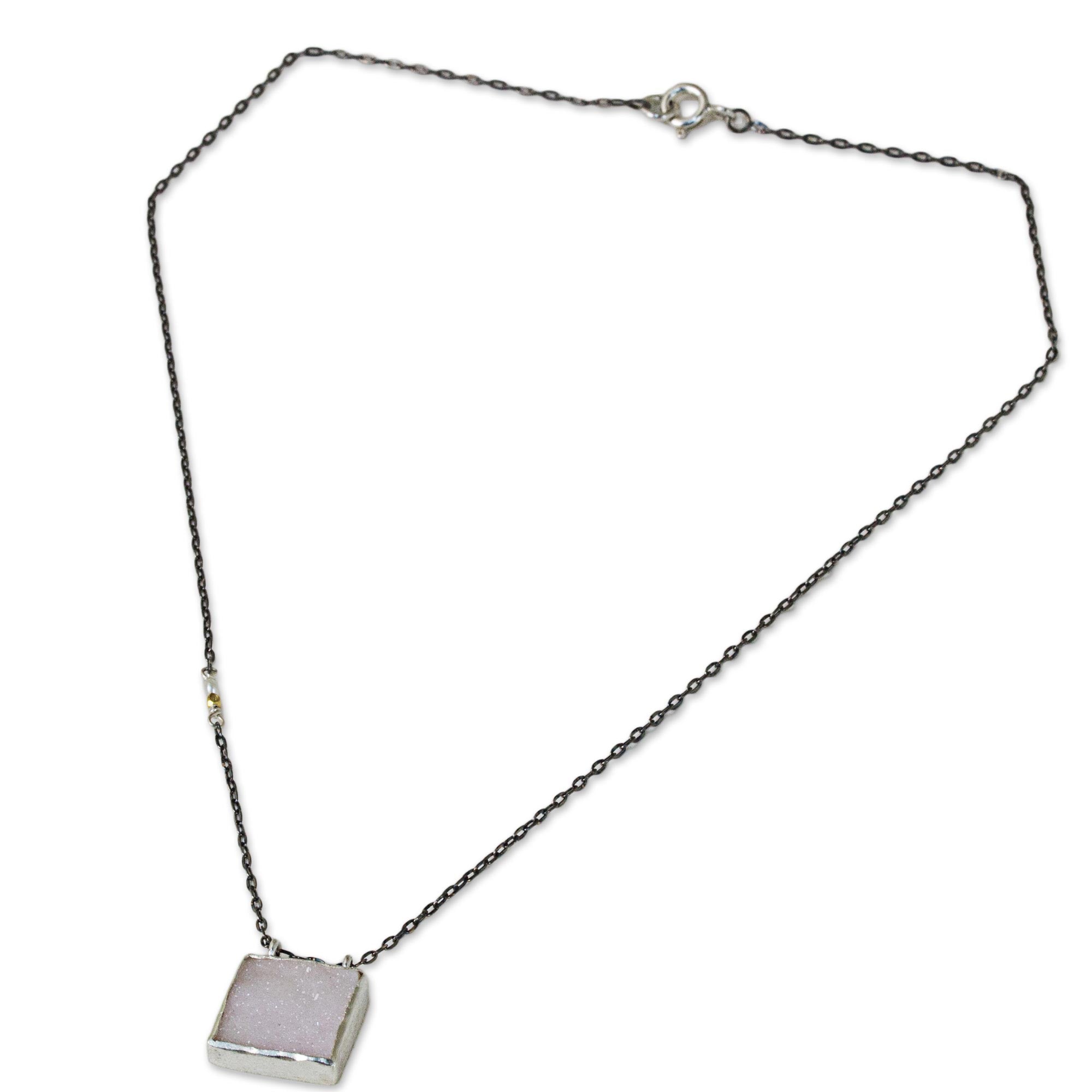 Premium Shimmering Sky Drusy Pendant Necklace with Pearl and Gold Accents