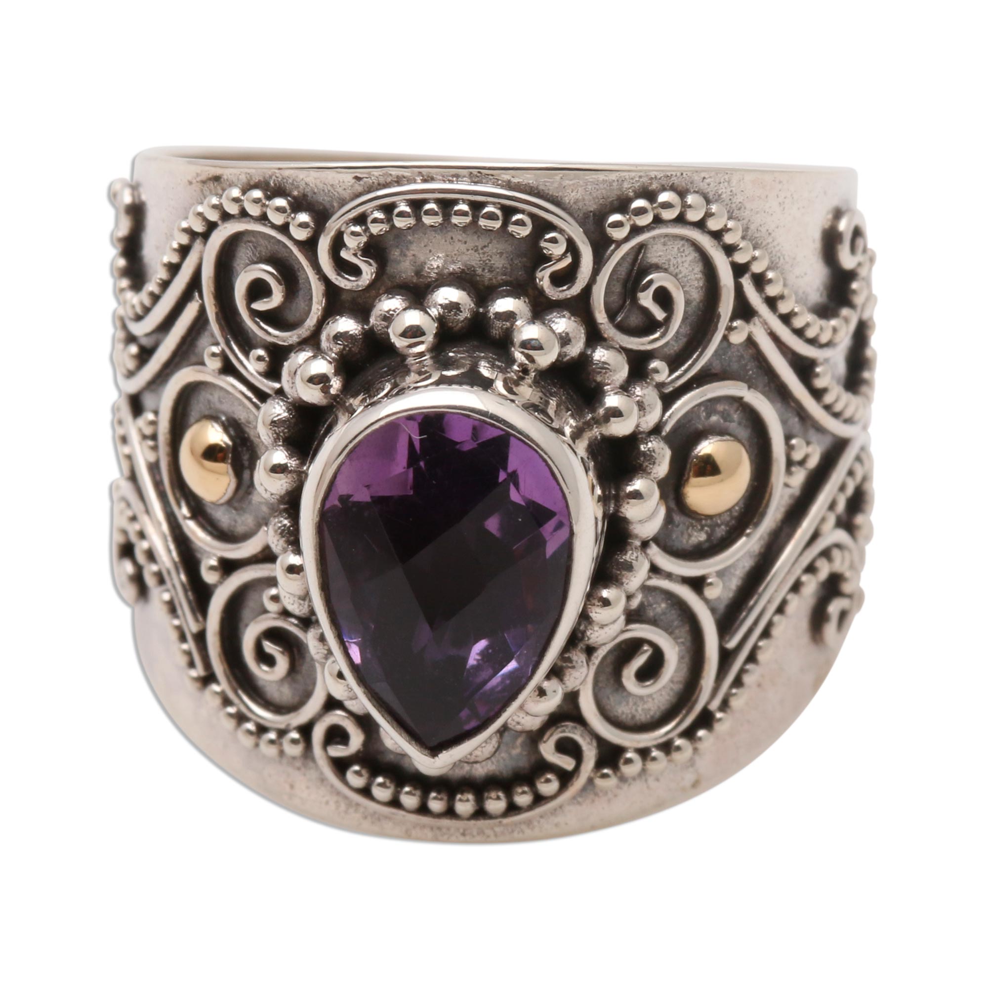 Premium Balinese Amethyst Ring with Gold Accents - Elegant Checkerboard Design