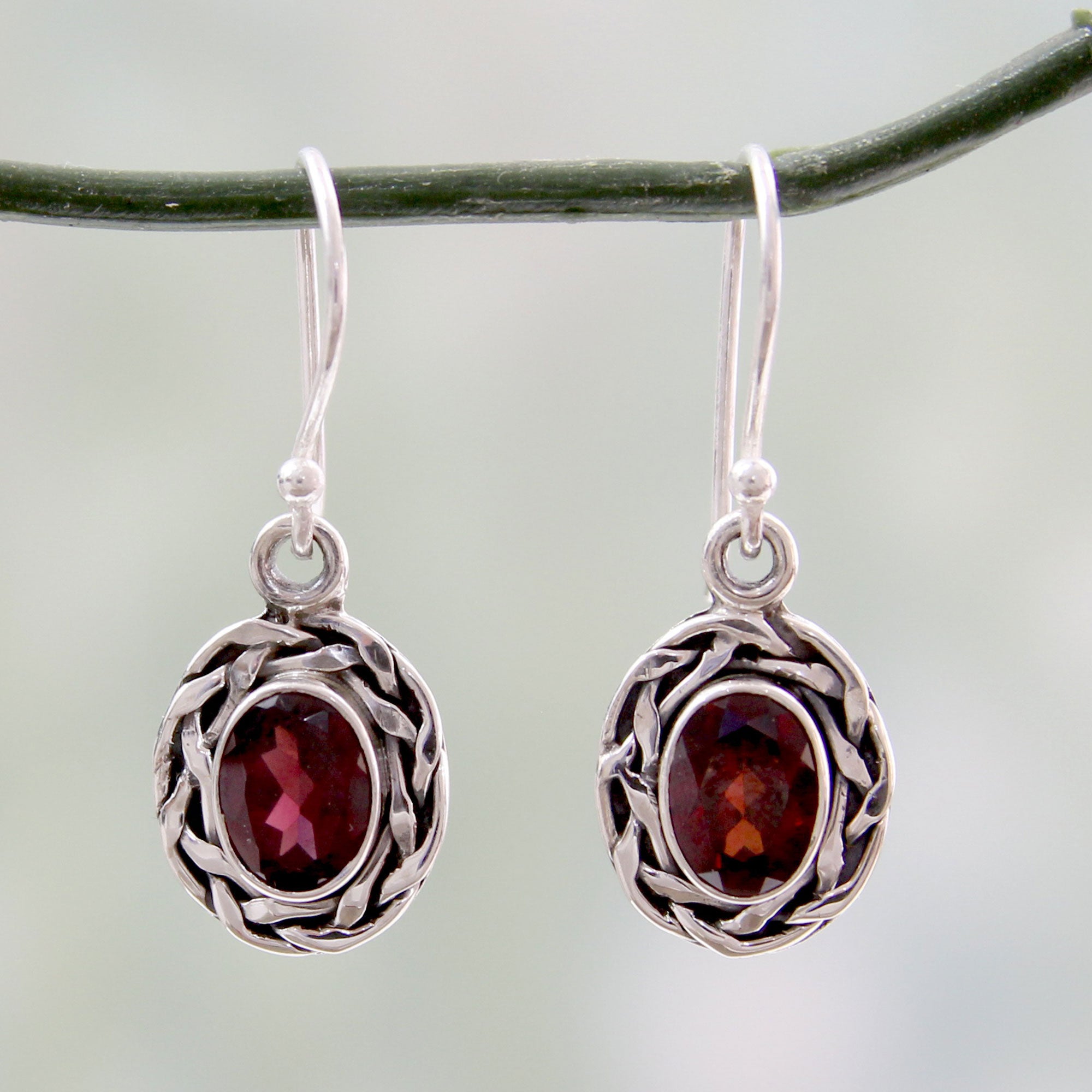 Premium Indian Handwoven Sterling Silver & Garnet Dangle Earrings