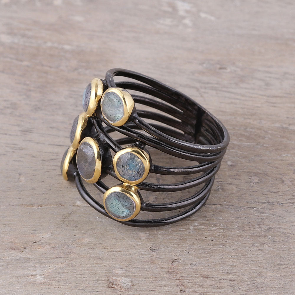 Premium Dewy Morn Gold Accent Labradorite Cocktail Ring – Handcrafted in India