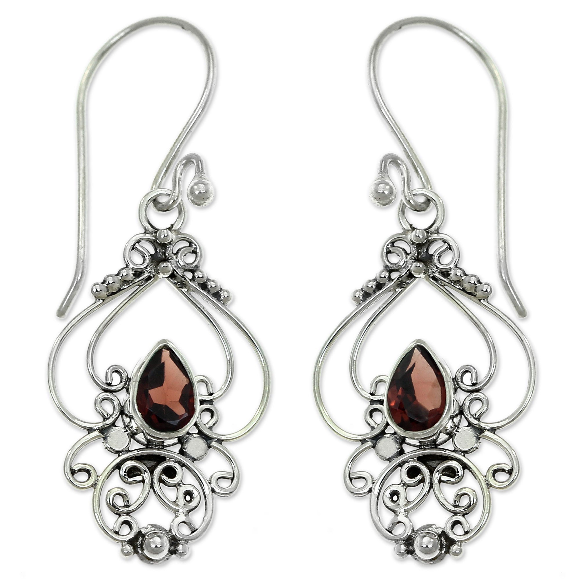 Premium Crimson Arabesque Garnet Dangle Earrings in Sterling Silver