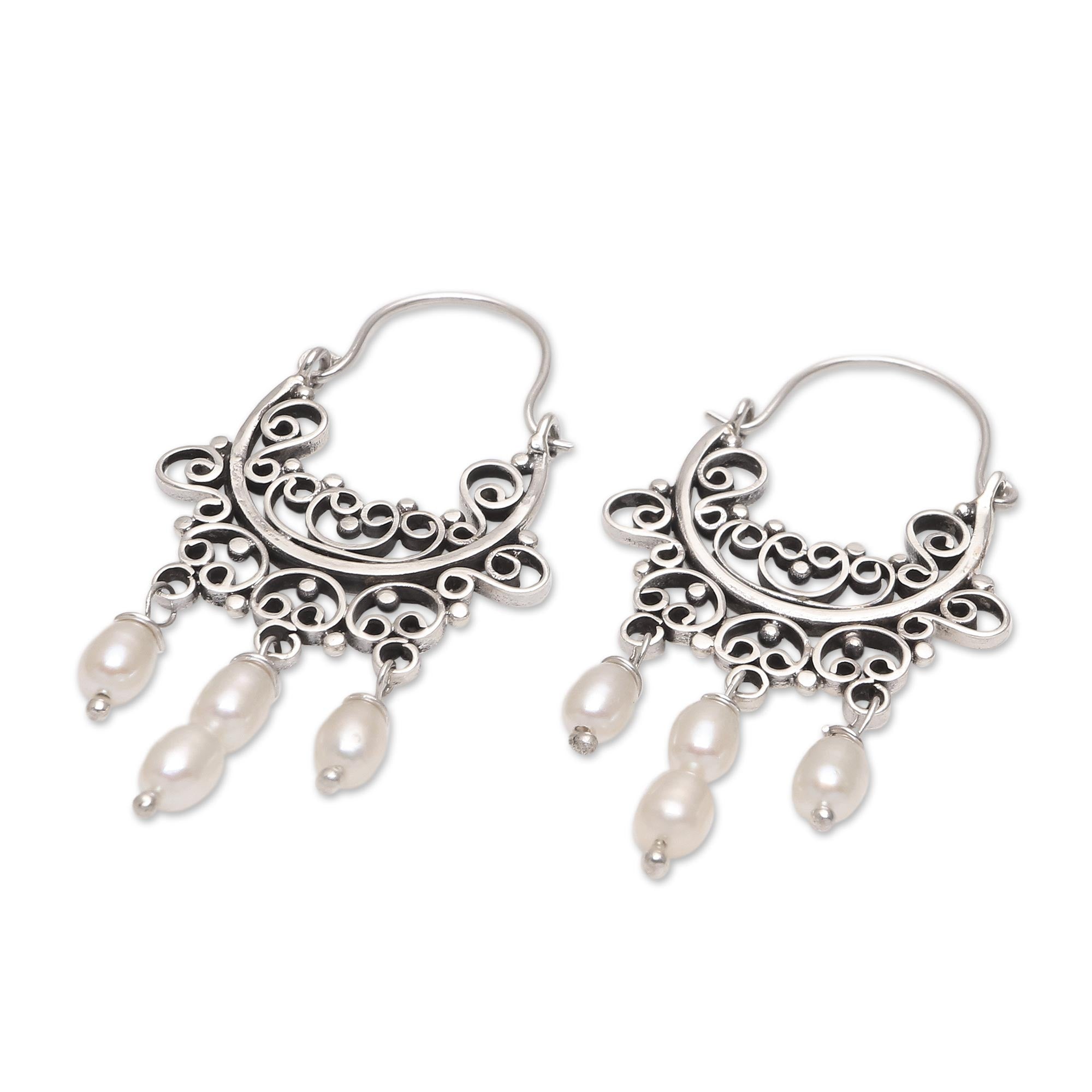 Premium Silver-White Cultured Pearl Chandelier Earrings | Handcrafted in Bali