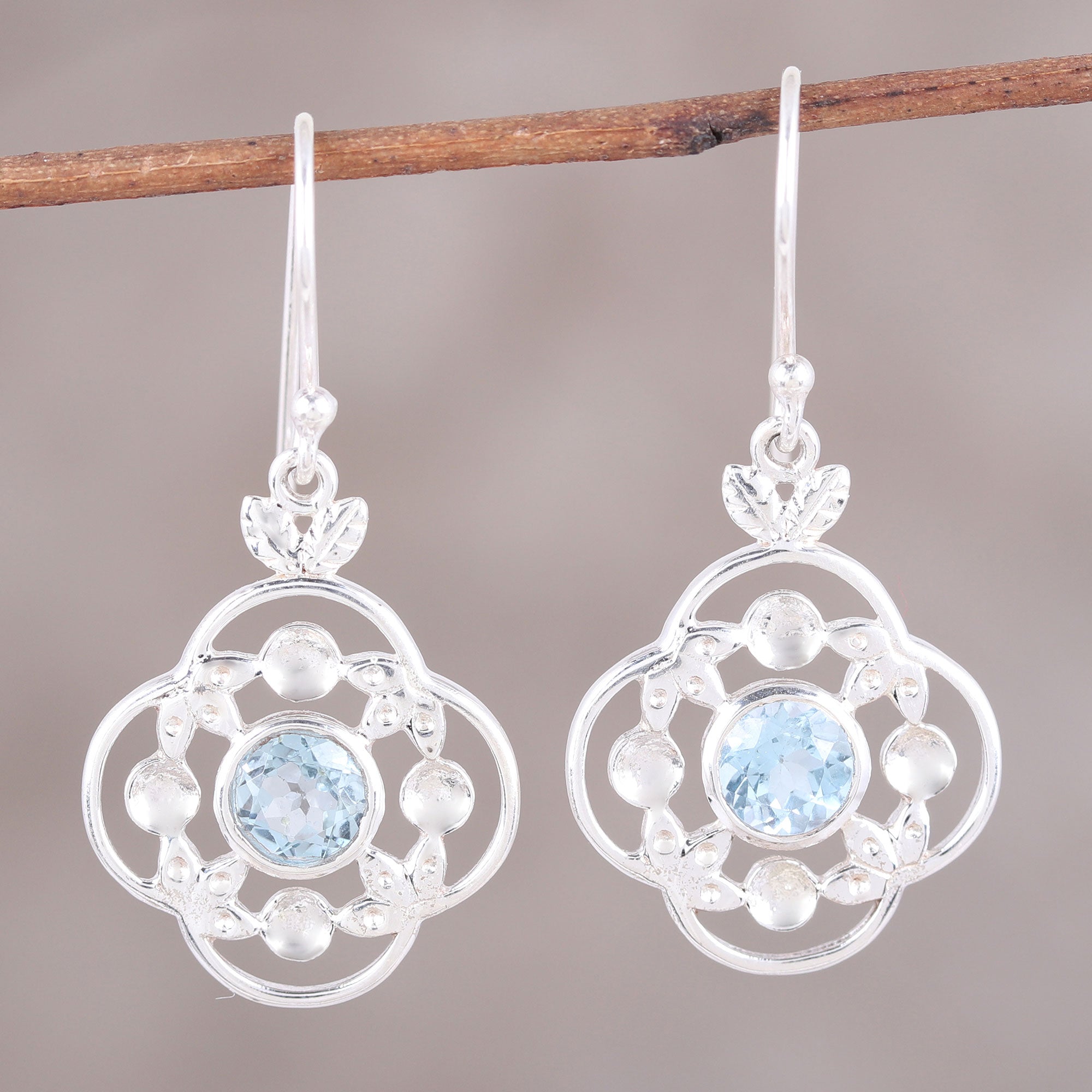 Premium Blue Topaz Flower Dangle Earrings in Sterling Silver