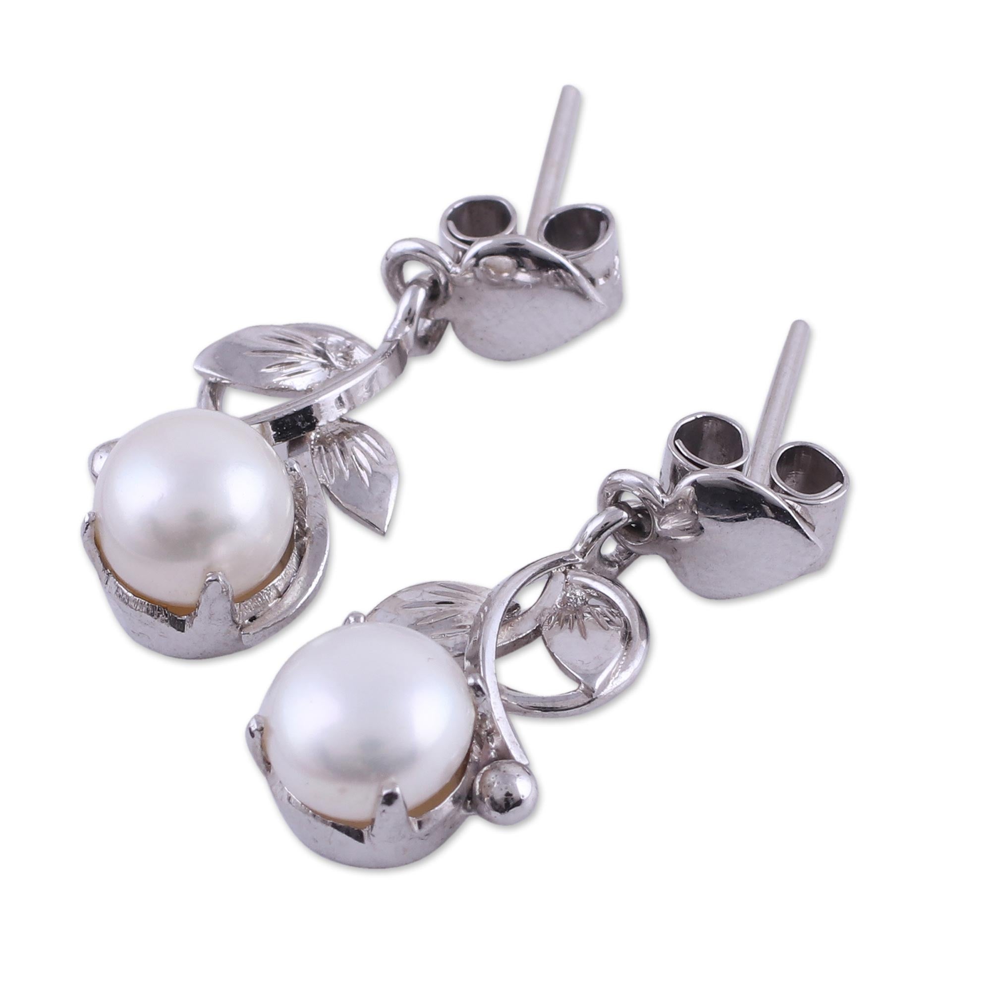 Premium Rhodium-Plated Cultured Pearl Dangle Earrings by Purity Vines