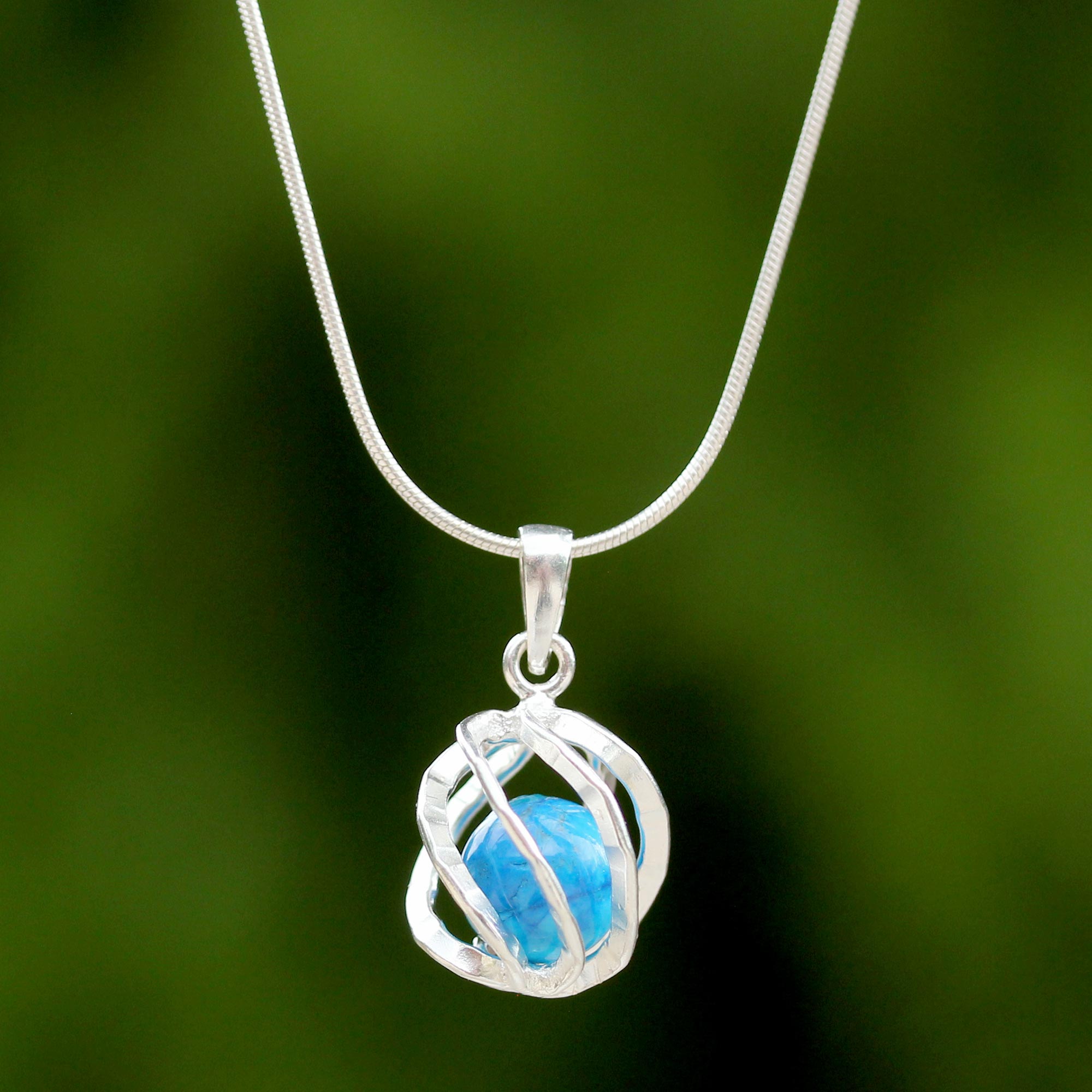 Premium Blue Energy Orb Sterling Silver Howlite Pendant Necklace - Handcrafted in Thailand