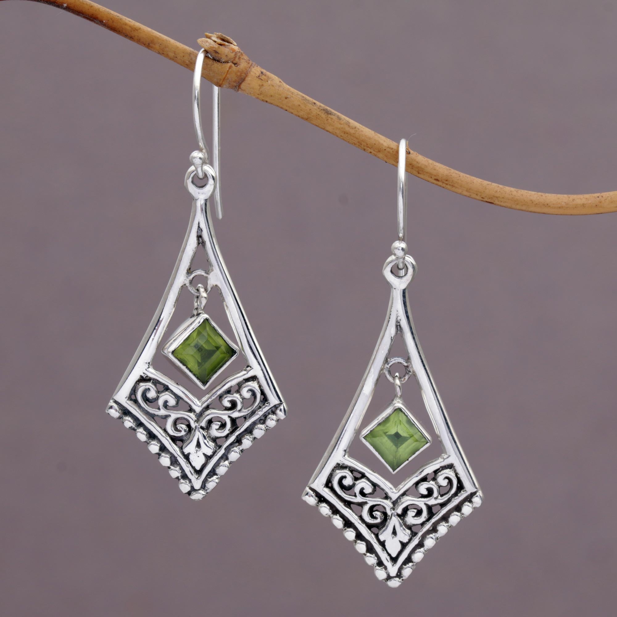 Premium Gianyar Dangle Earrings - Handcrafted Sterling Silver with Green Peridot