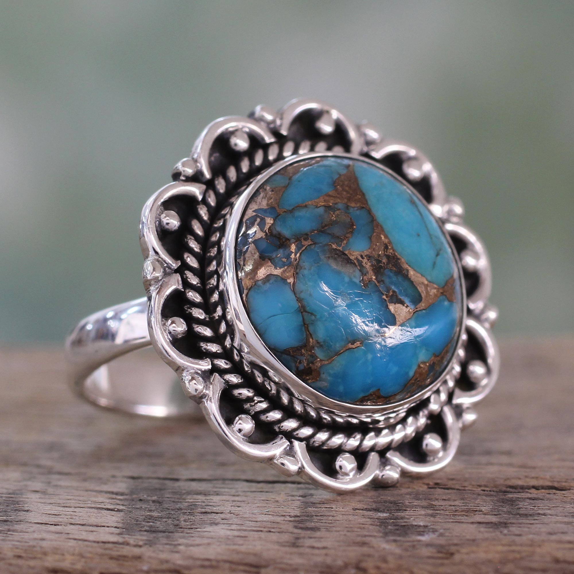 Premium Golden Aqua Swirls Turquoise Ring with Sterling Silver Petals – Ultimate Handcrafted Jewelry