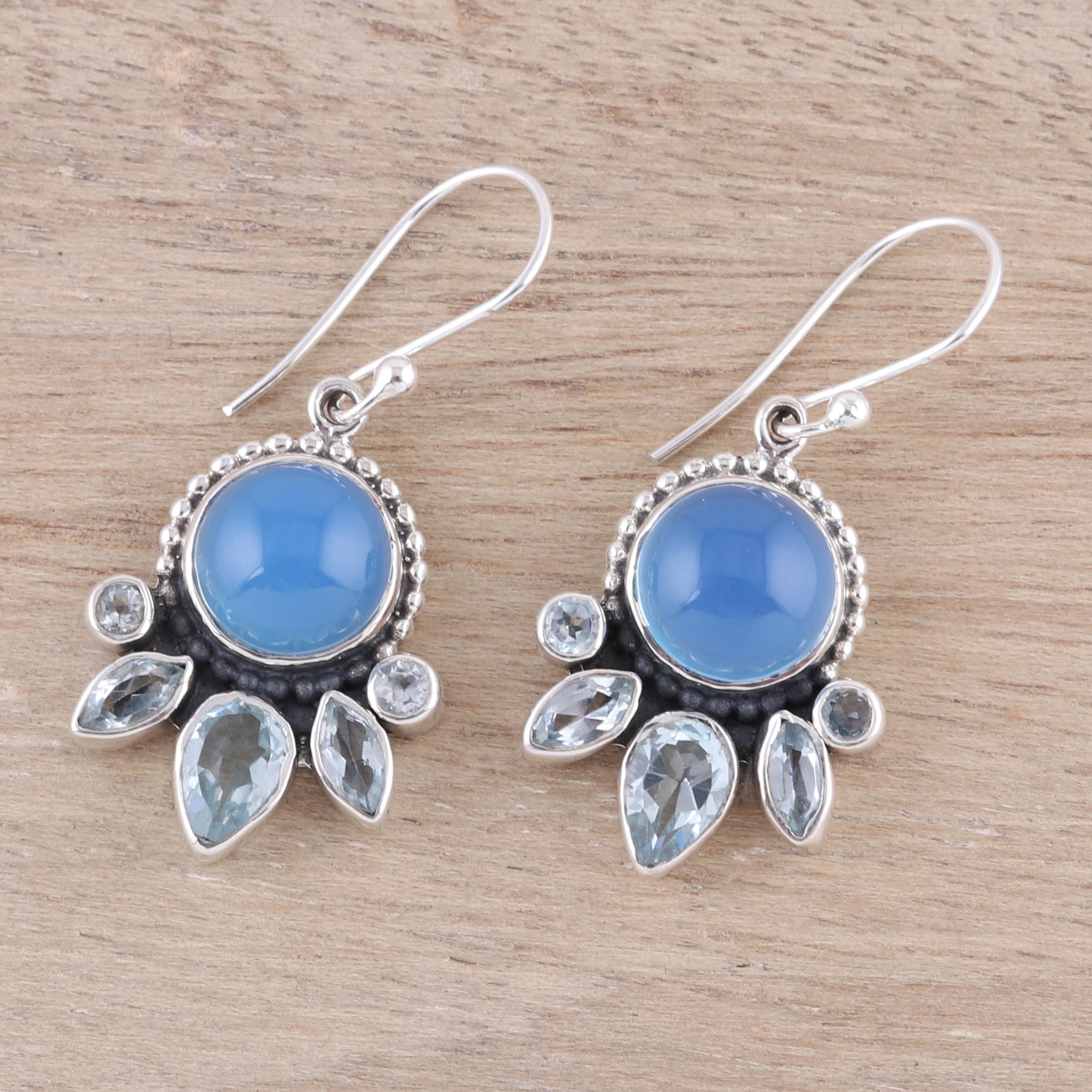 Premium Sky Shimmer Earrings - Chalcedony & Blue Topaz Sterling Silver Dangle