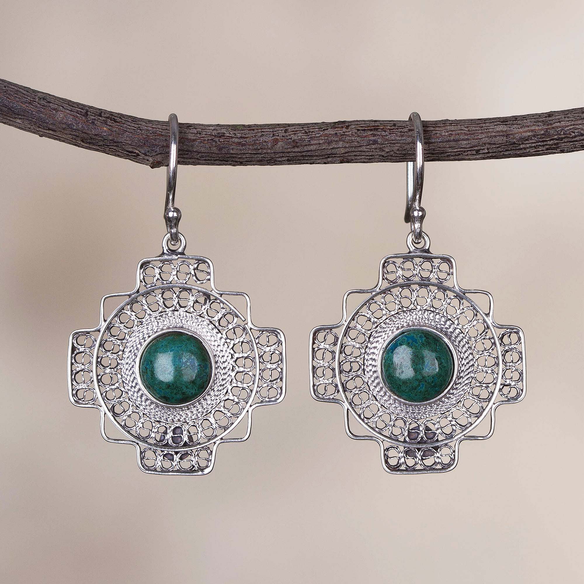 Premium Green Valley Chakana Cross Filigree Earrings - Handcrafted in Peru