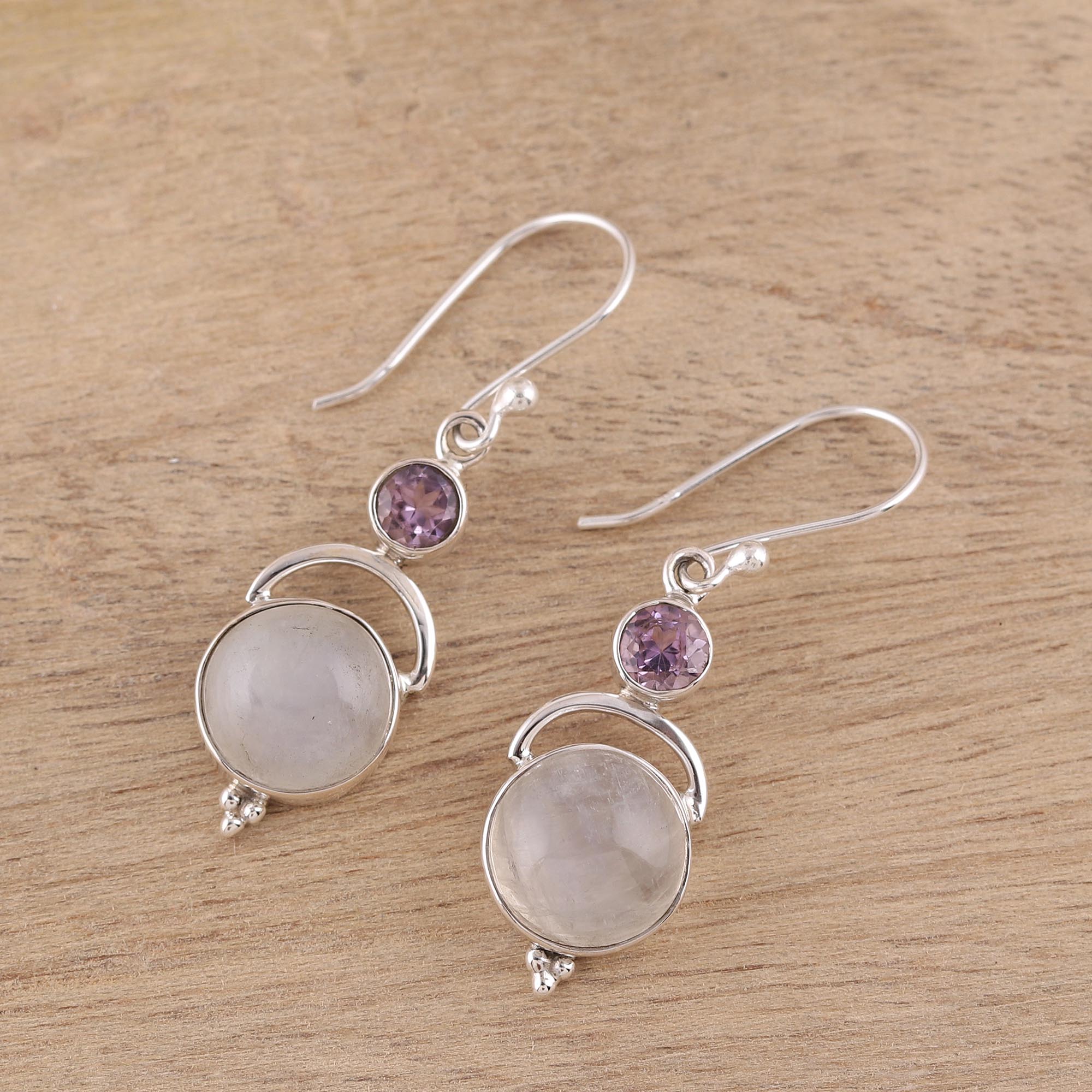 Premium Alluring Serenity Sterling Silver Rainbow Moonstone Amethyst Dangle Earrings