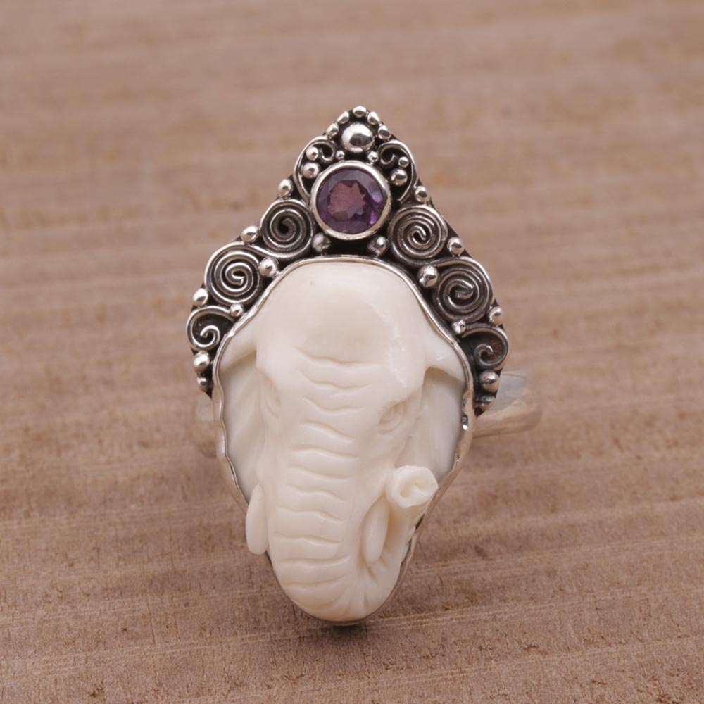 Premium Elephant Grandeur Amethyst & Silver Ring - Handcrafted Elegance