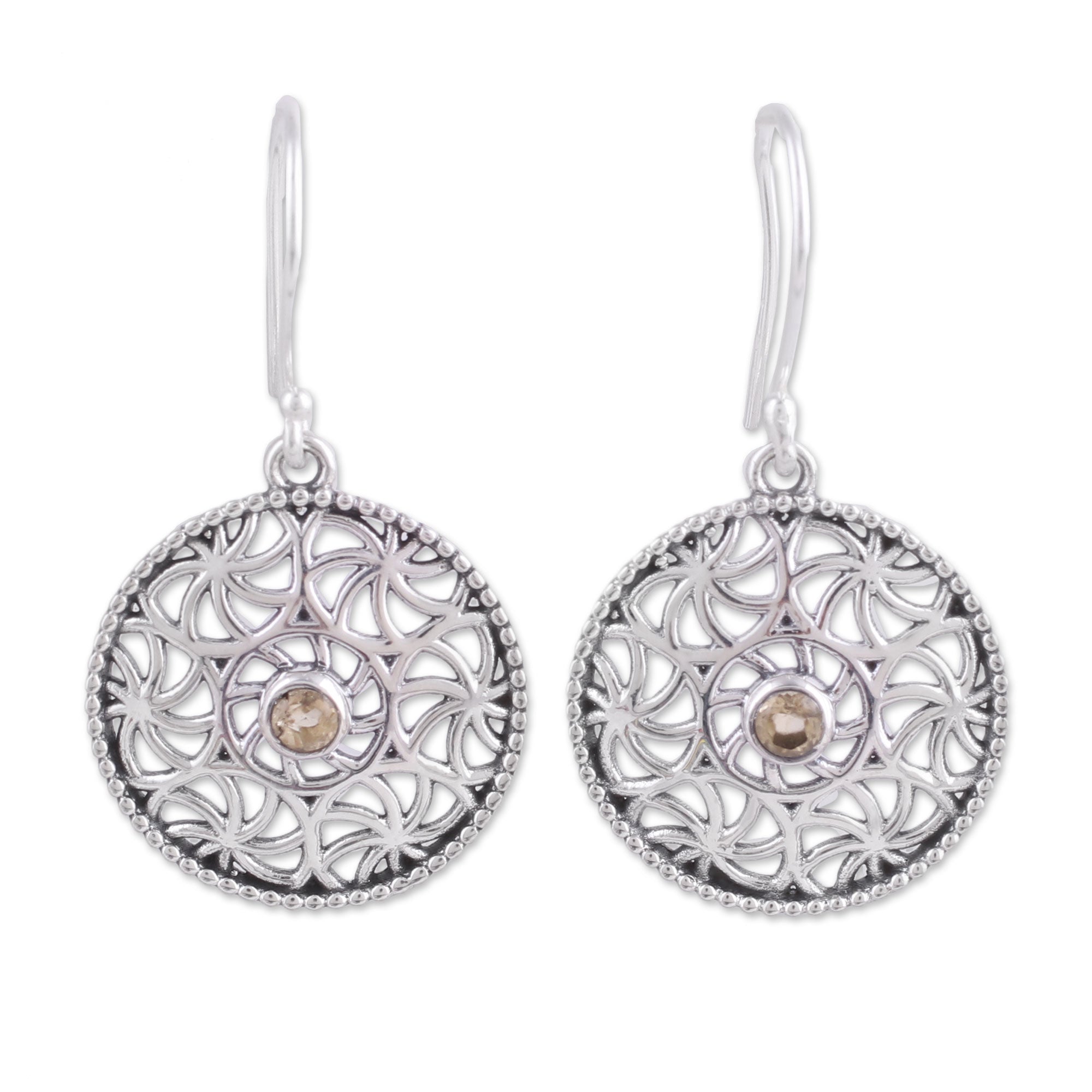 Premium Circular Stars Citrine Dangle Earrings - Handcrafted Sterling Silver Jewelry from India