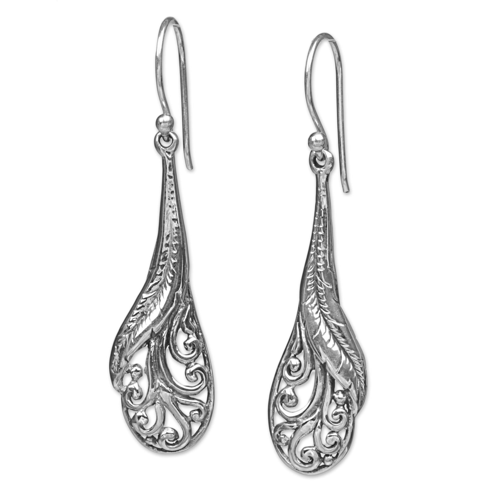 Premium Handcrafted Sterling Silver Peacock Feather Dangle Earrings - Elegant Indonesian Design