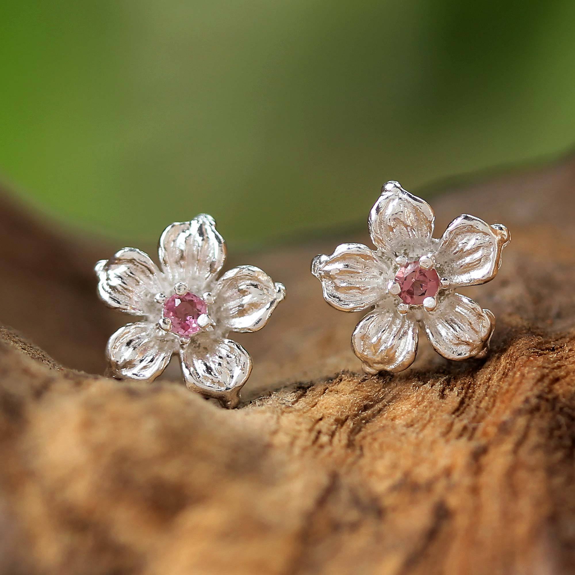 Premium Winter Blooms Sterling Silver Stud Earrings with Rosy Tourmaline