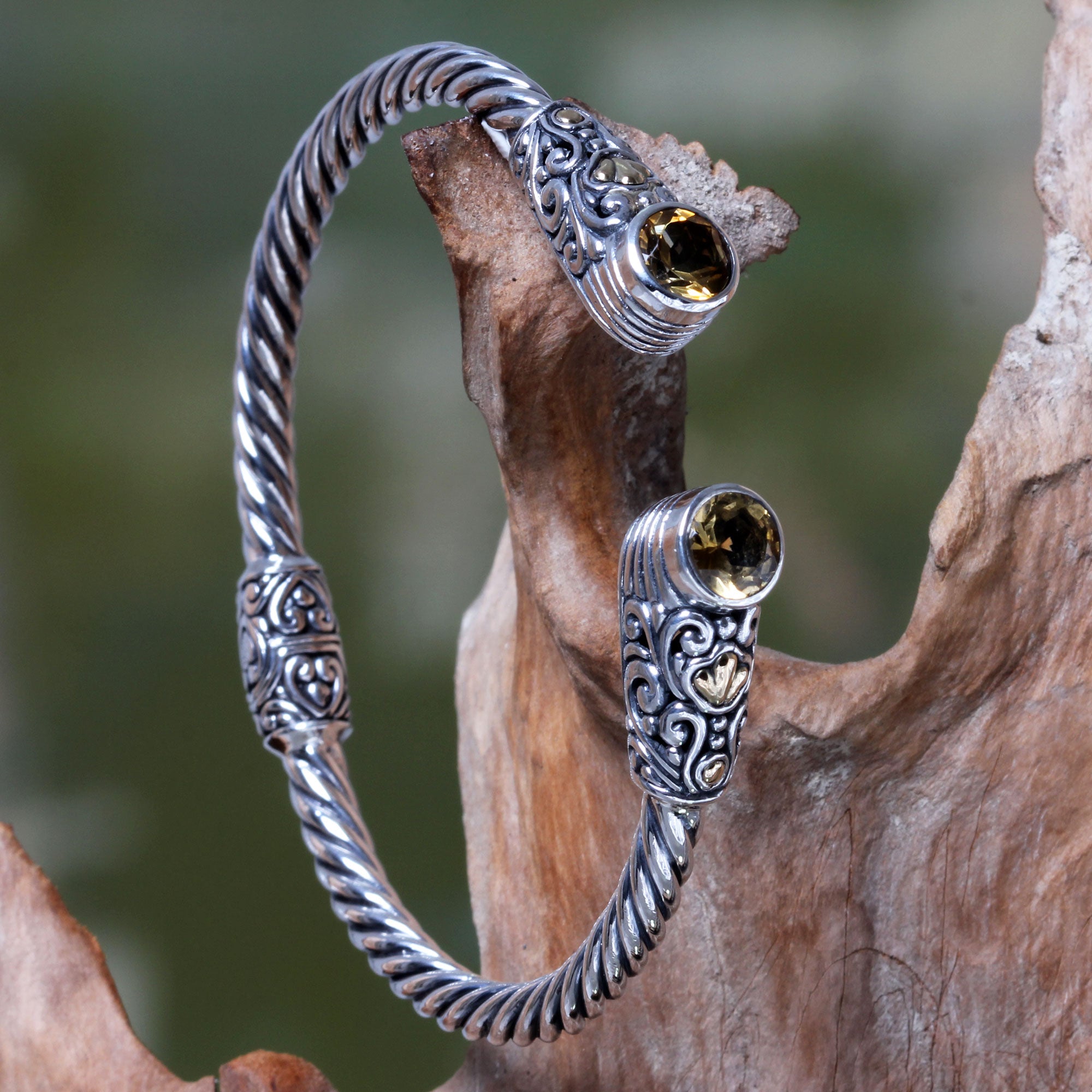 Premium Sukawati Sterling Silver Hinged Cuff Bracelet with Citrine & 18K Gold Accents