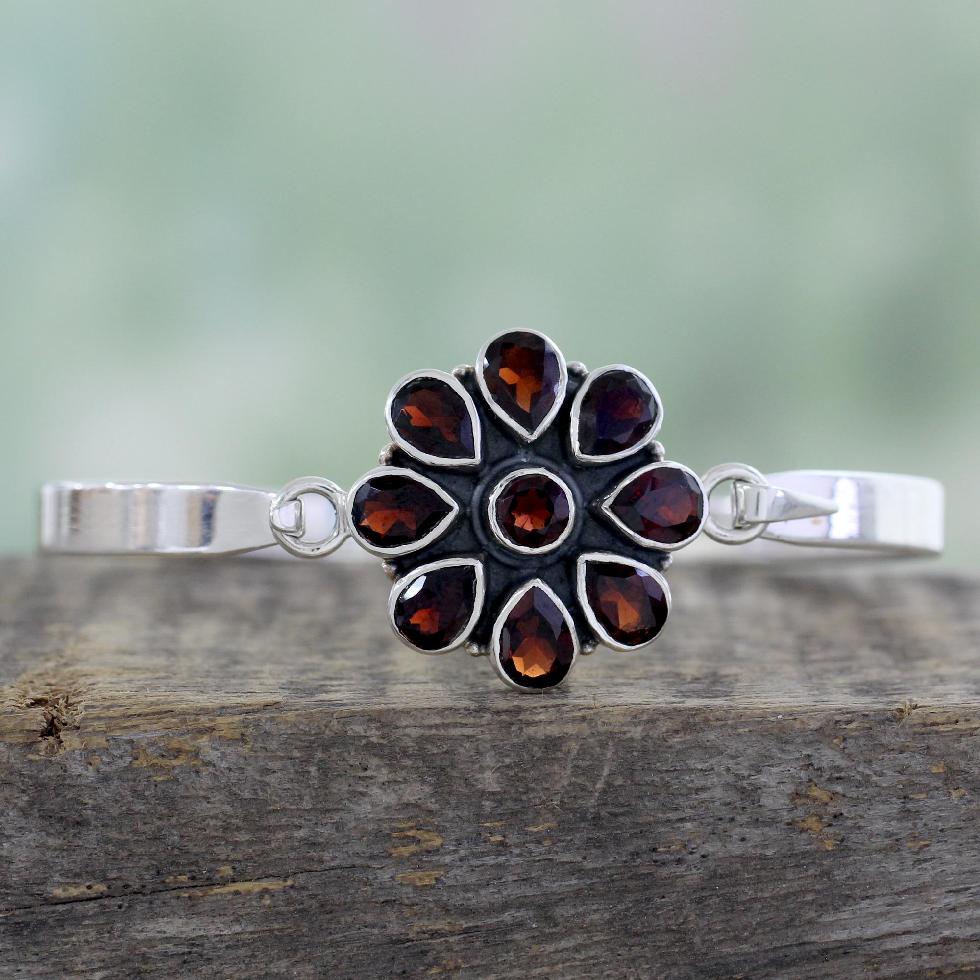 Premium Handmade Garnet Floral Bangle Bracelet in Sterling Silver