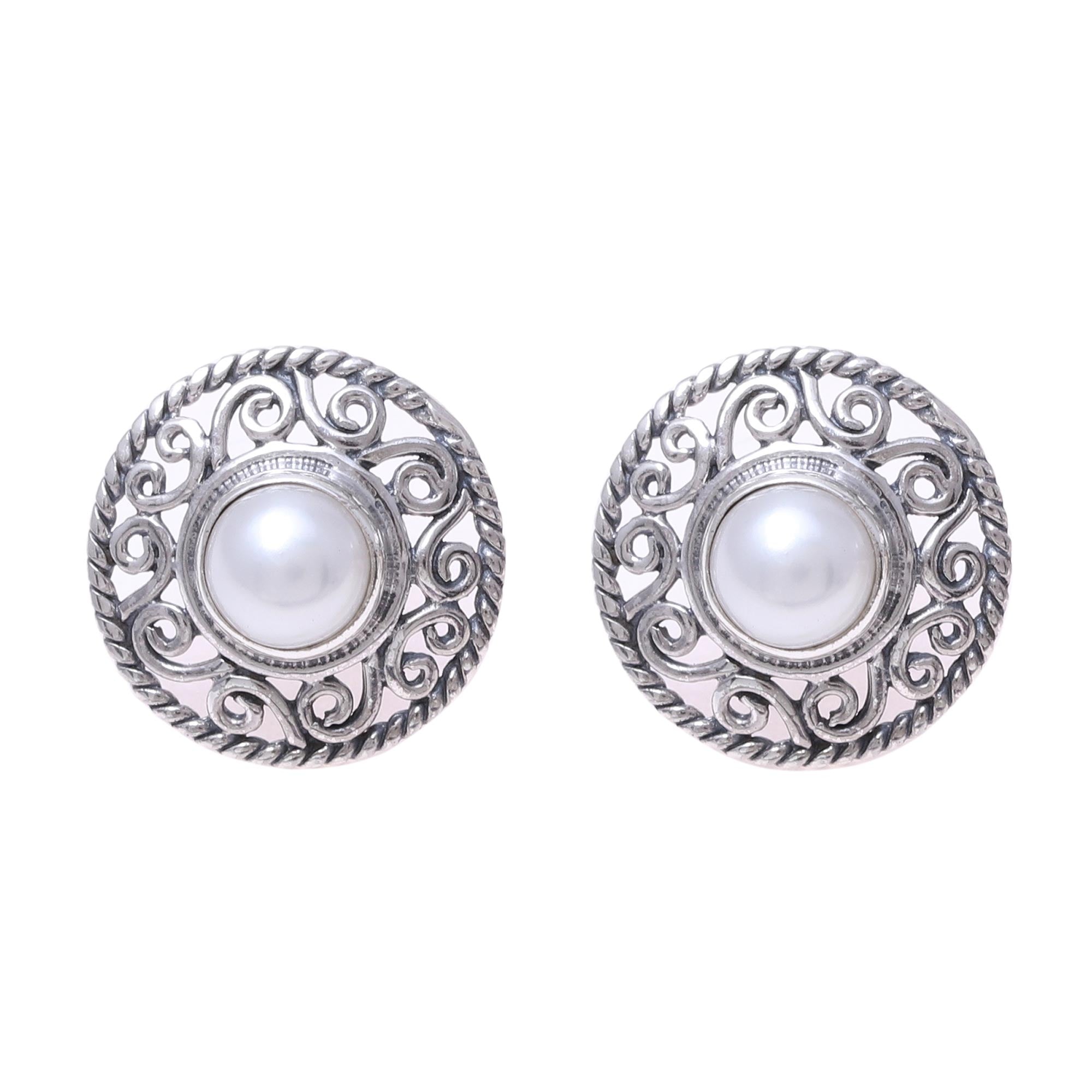 Premium Cultured Pearl Sterling Silver Scrollwork Button Earrings by Shanker