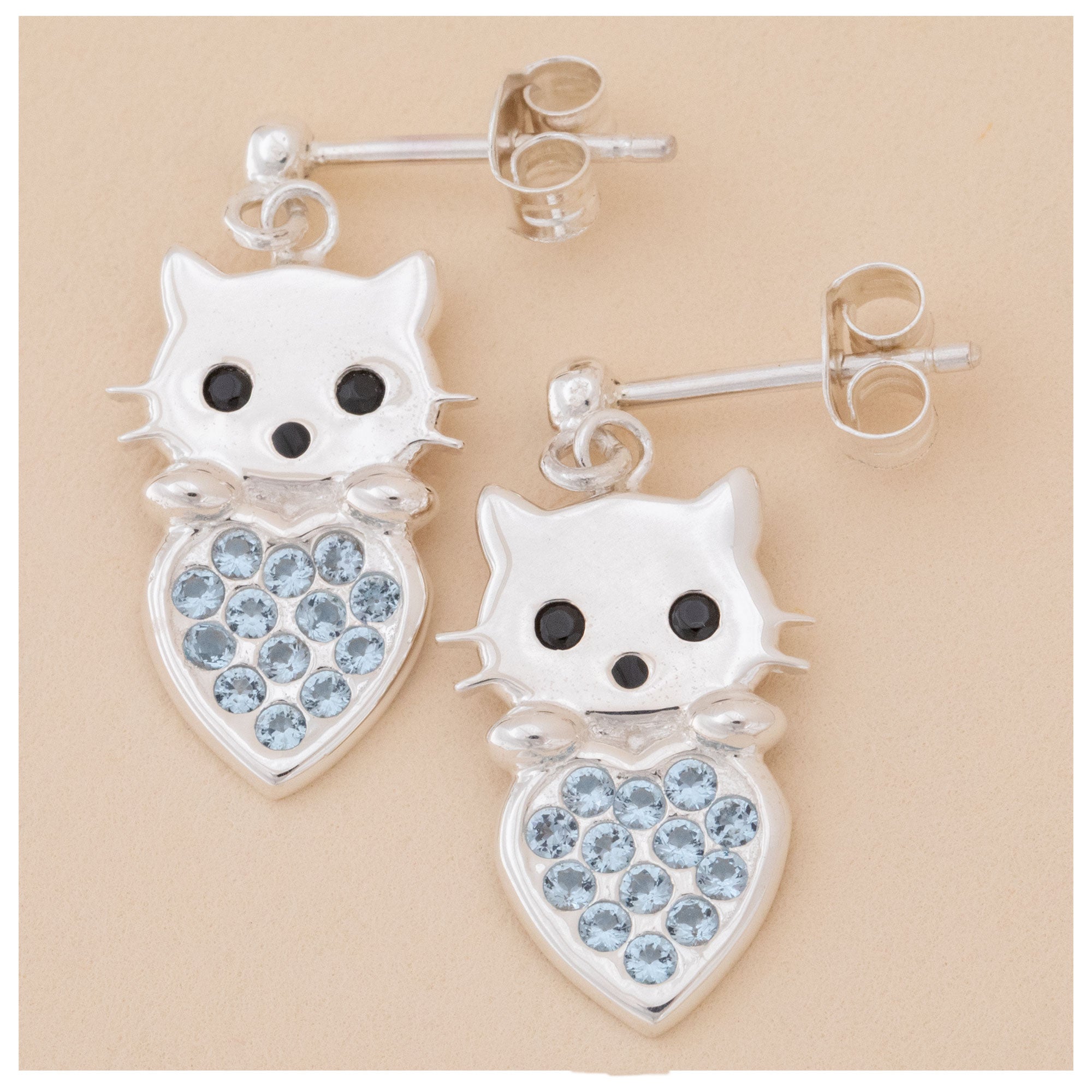 Premium Sterling Silver Cat & Heart Birth Month Drop Earrings