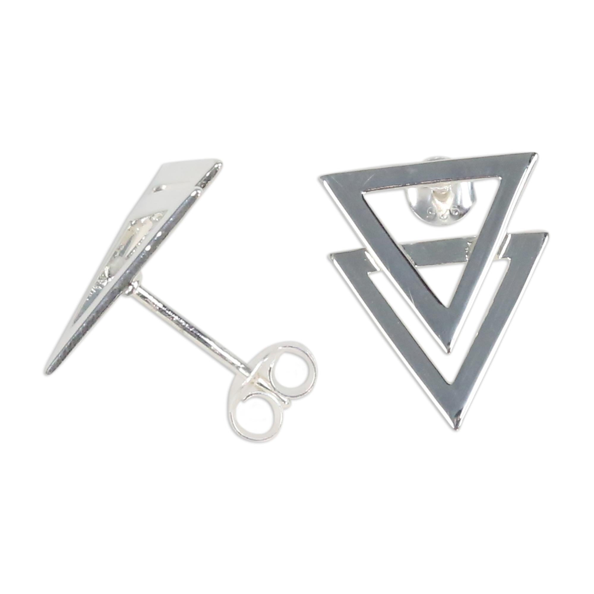 Premium Geometric Shine 925 Sterling Silver Double Triangle Earrings