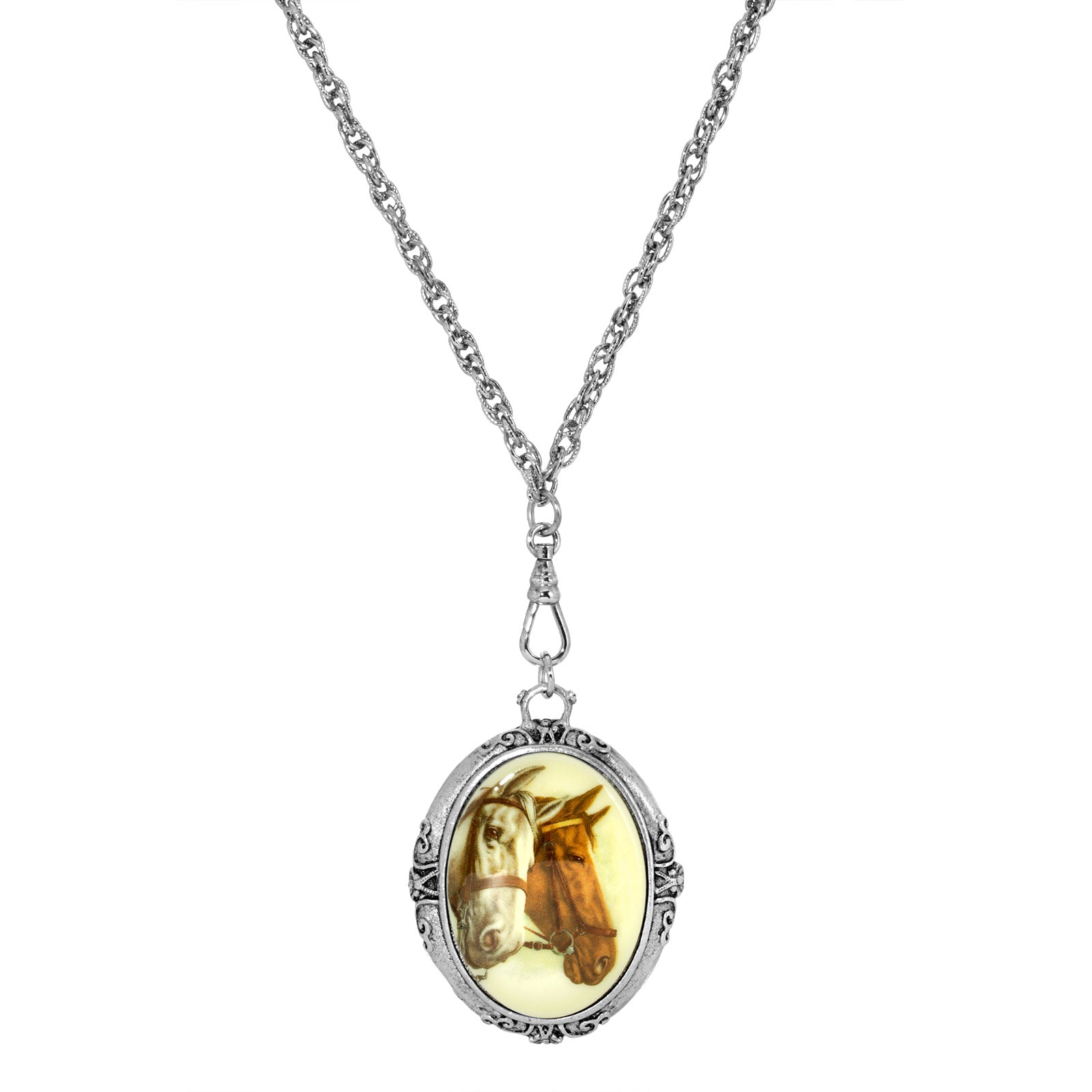 Premium 1928 Jewelry® Silver Tone Oval Horse Head Stone Necklace - 30 Inch Equestrian Gift