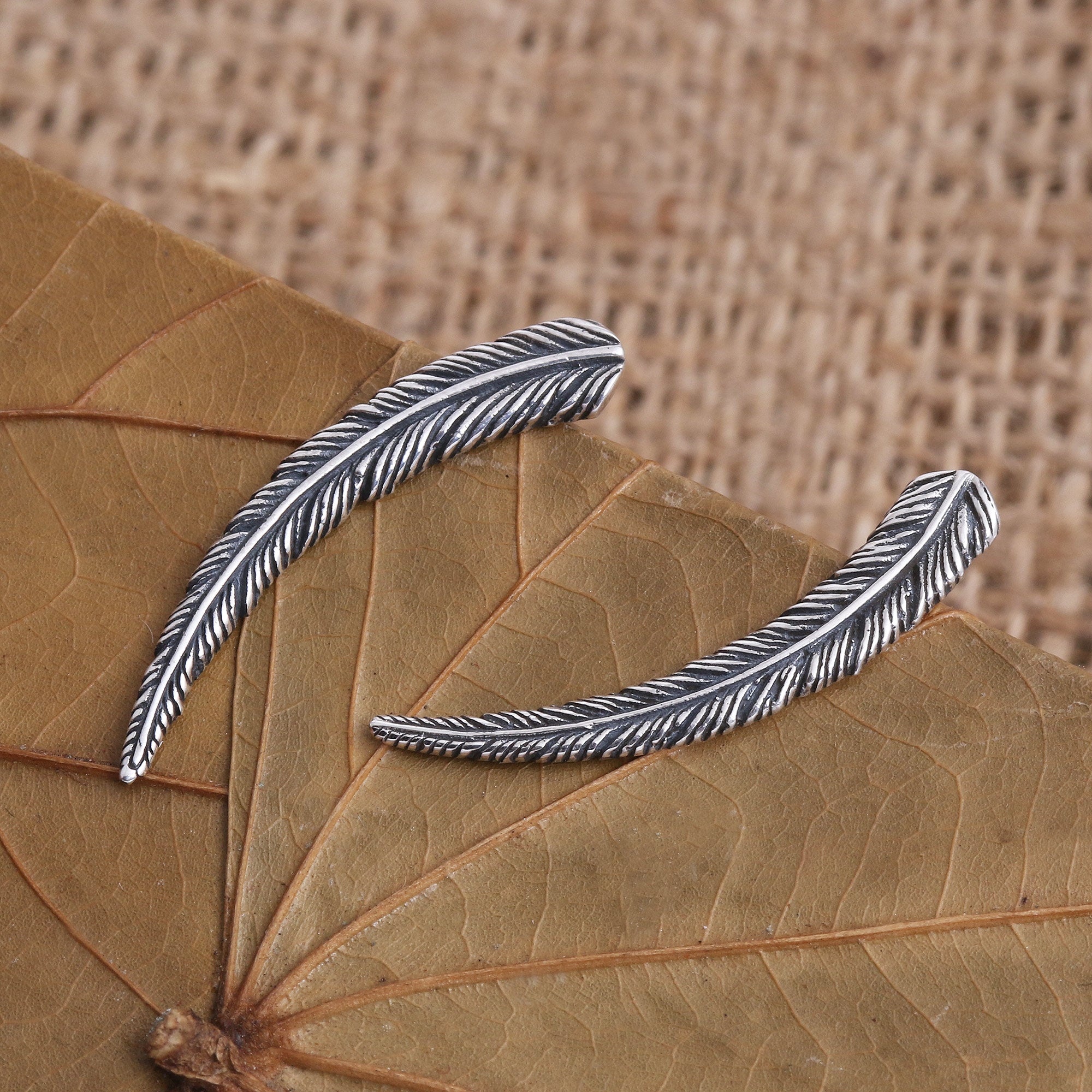 Premium Sterling Silver Coconut Leaf Climber Earrings - Handcrafted by Bali Artisans