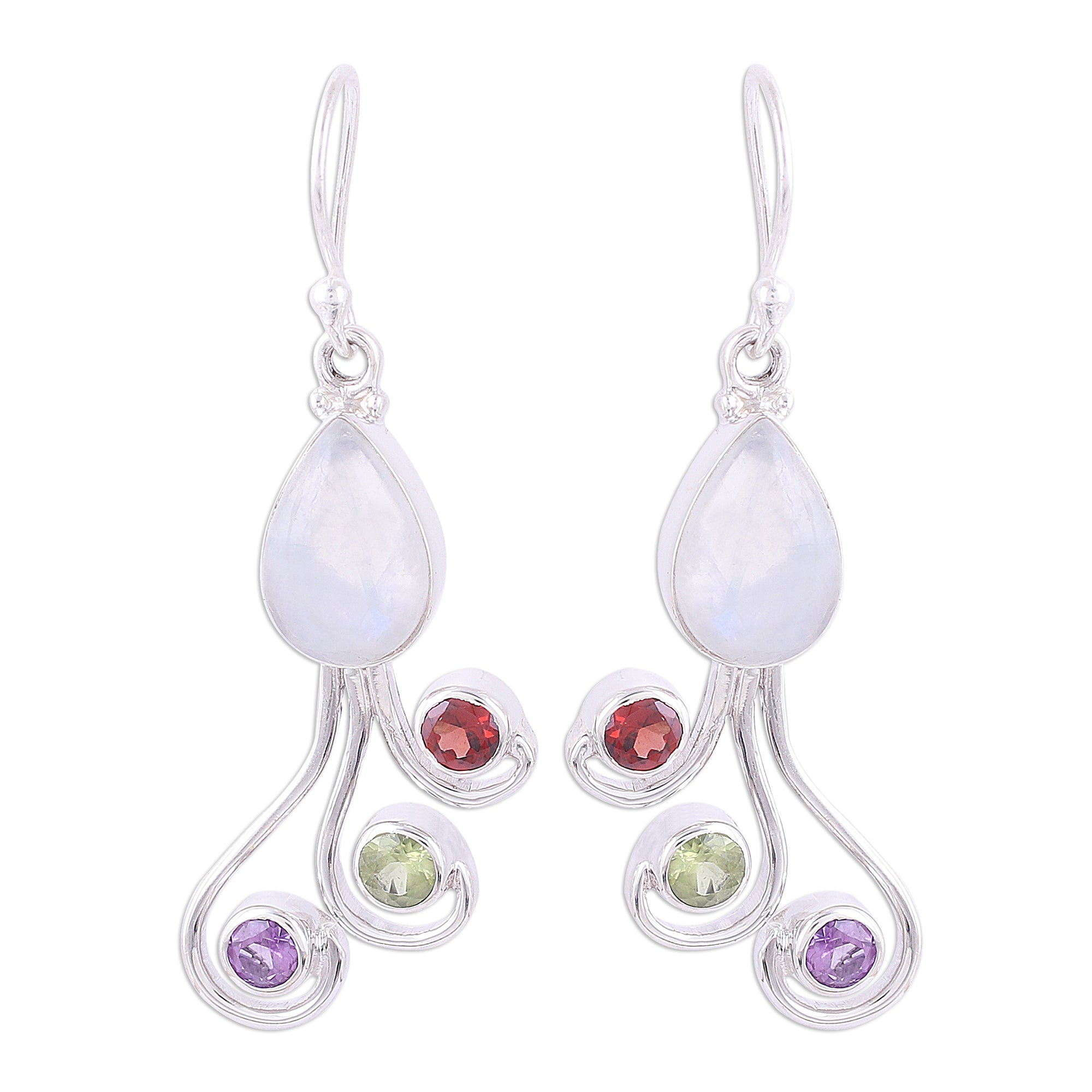 Premium Multi-Gemstone Silver Dangle Earrings - Handcrafted in India